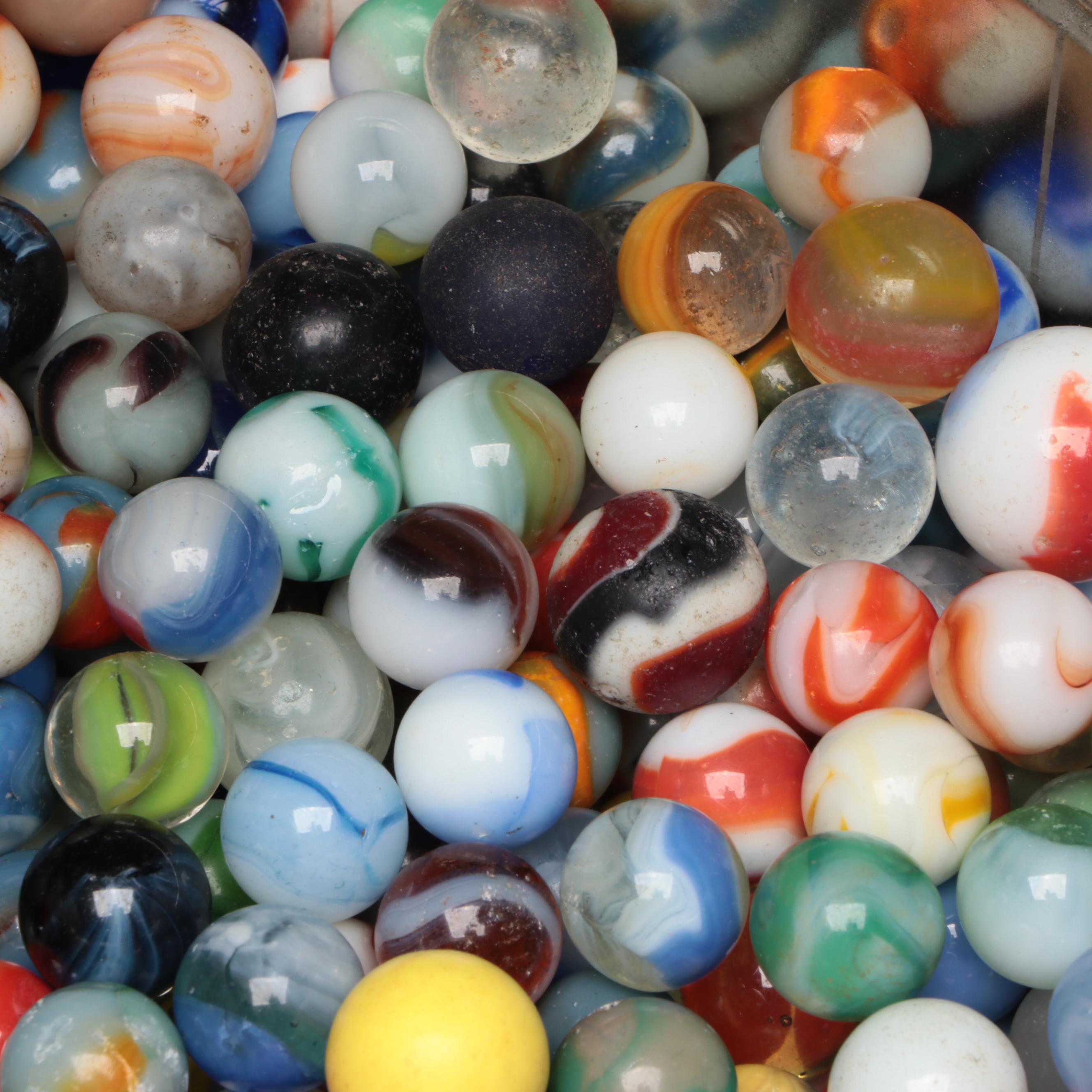 Custard Glass, Opaque, Swirlie, and More Machine Made Glass Marbles in Tin Box