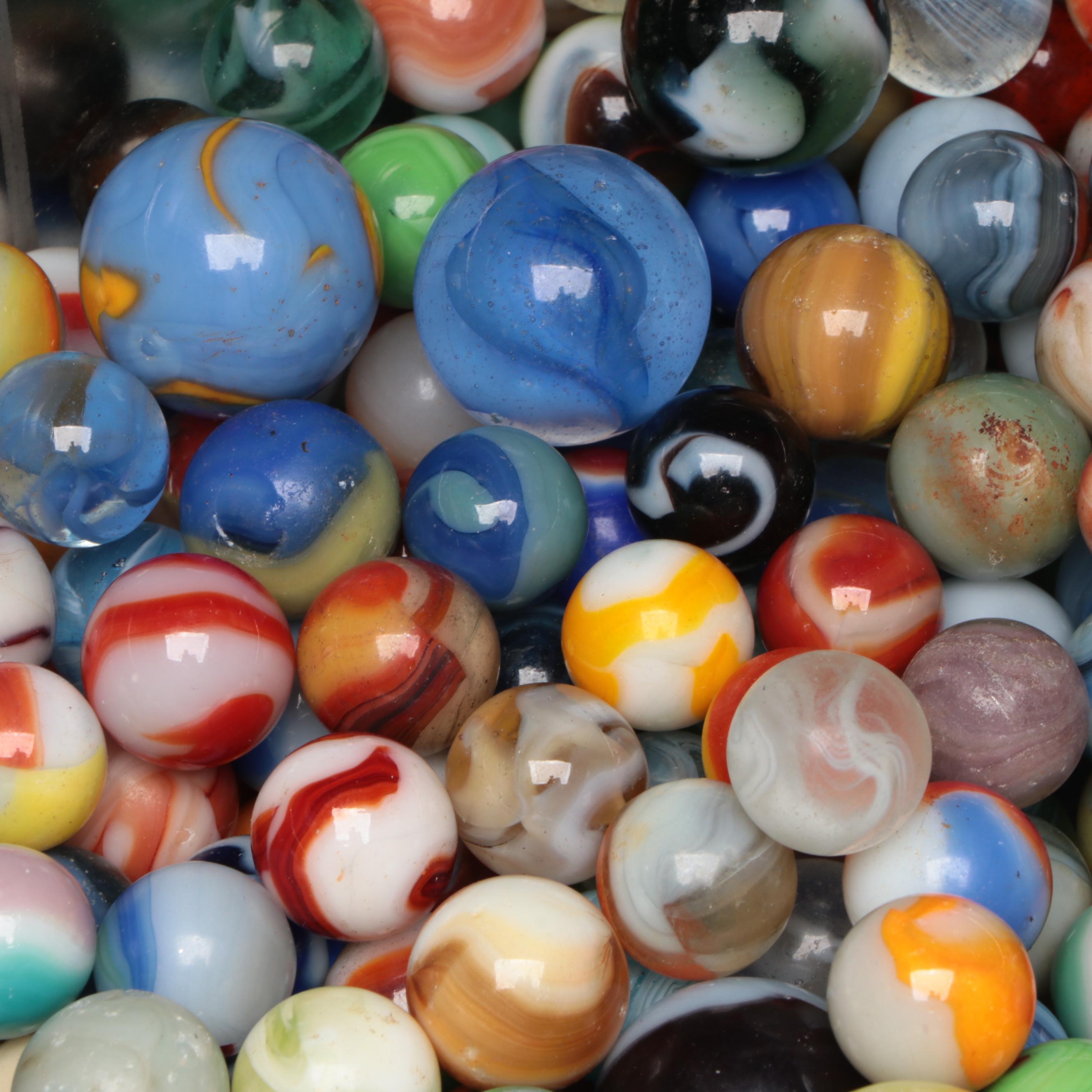 Custard Glass, Opaque, Swirlie, and More Machine Made Glass Marbles in Tin Box