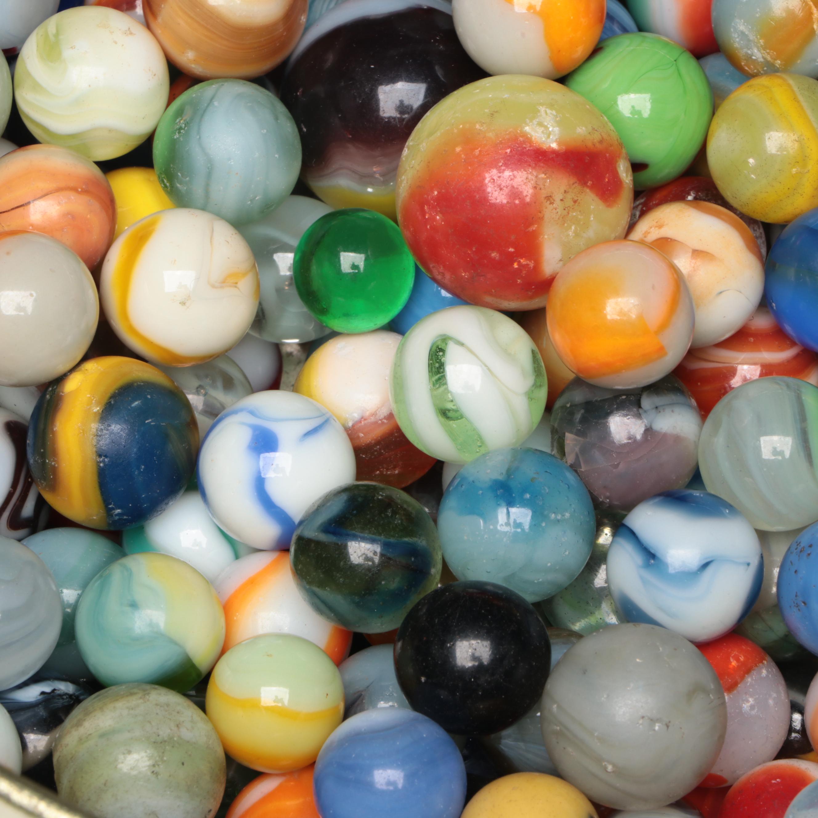Custard Glass, Opaque, Swirlie, and More Machine Made Glass Marbles in Tin Box