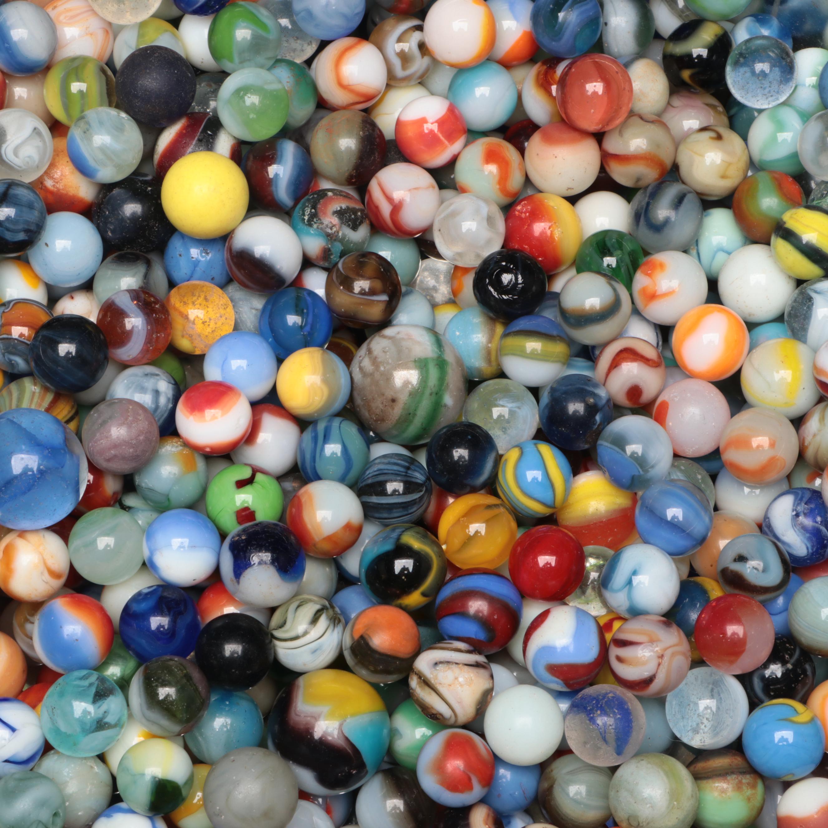 Custard Glass, Opaque, Swirlie, and More Machine Made Glass Marbles in Tin Box