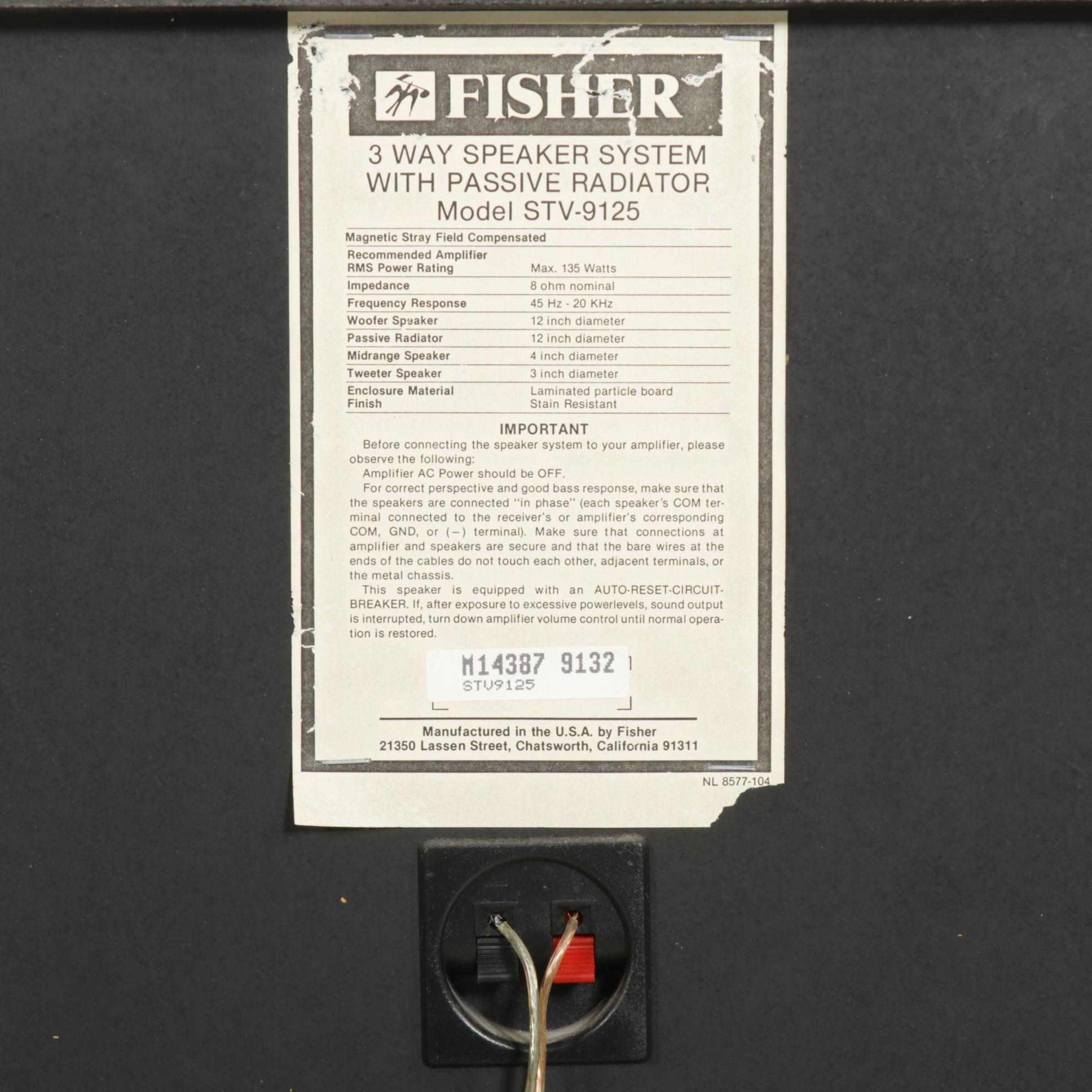 Pair of Fisher STV-9125 Oak Laminate 3-Way Floor Speakers, Late 20th Century