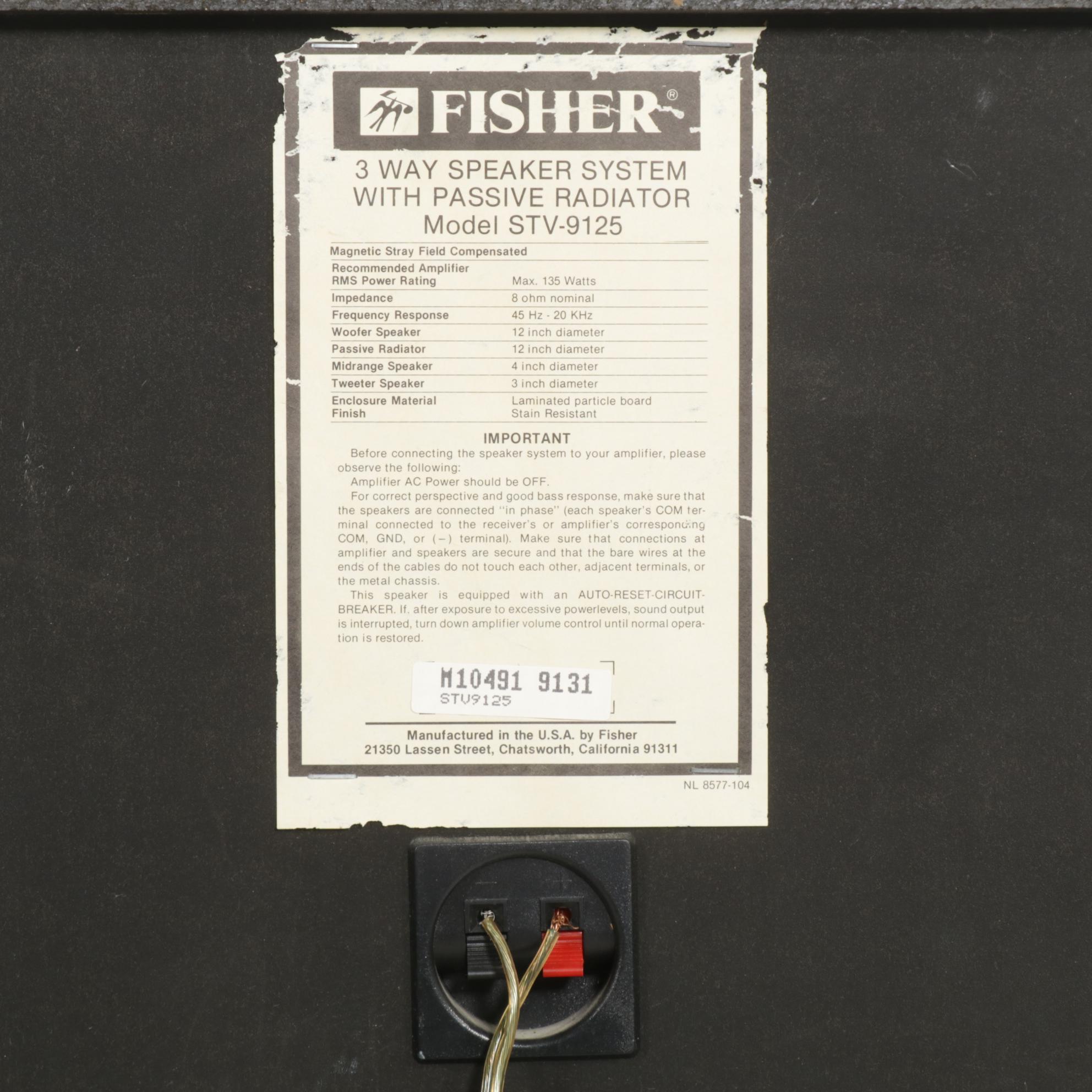 Pair of Fisher STV9125 Oak Laminate 3Way Floor Speakers, Late 20th