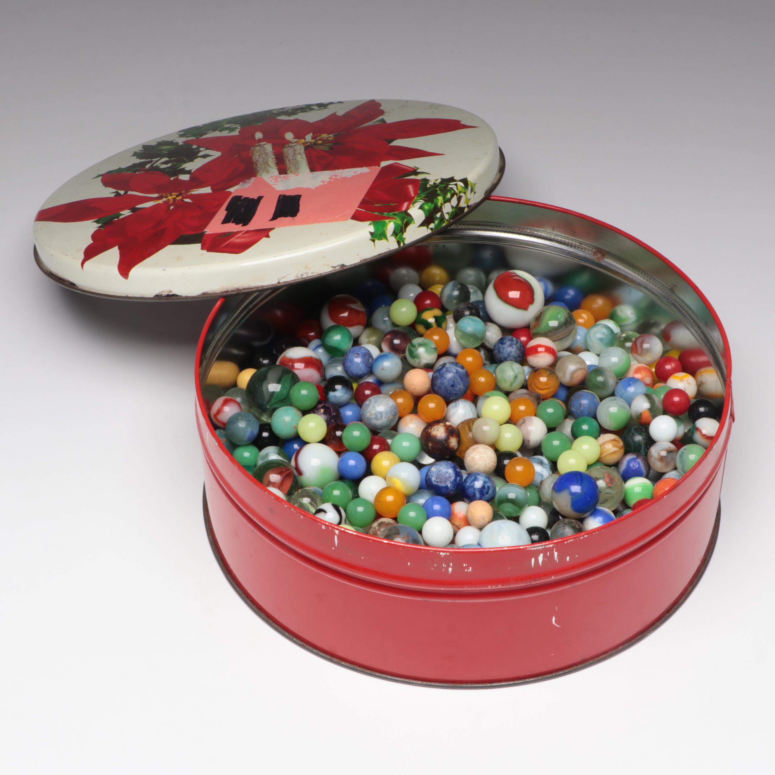 Benningtons, Clay, Uranium, Cadmium, and Other Machine Made Glass Marbles in Tin