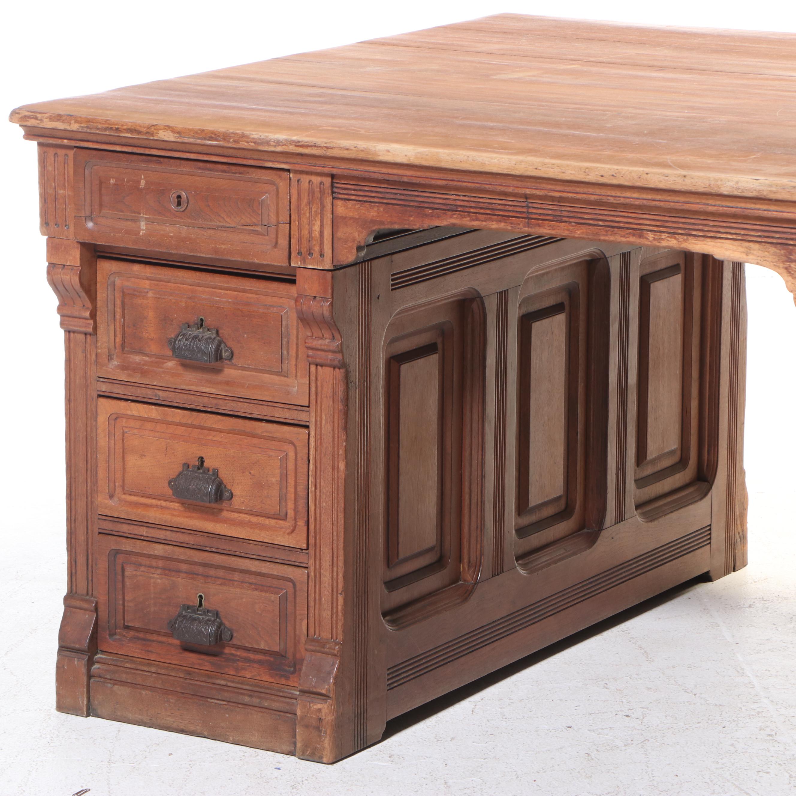 Victorian Walnut Double-Pedestal Partner's Desk, Late 19th Century
