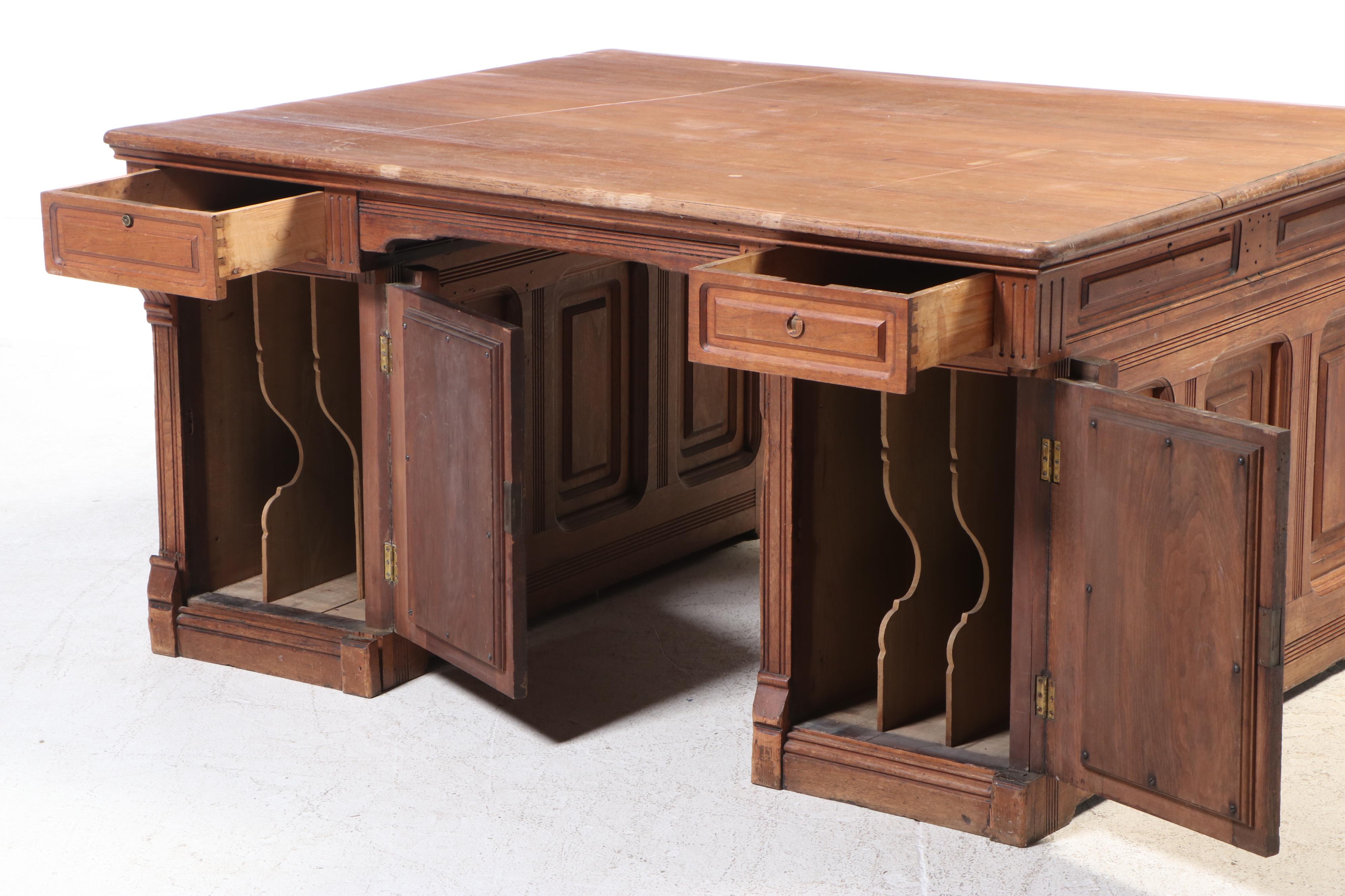 Victorian Walnut Double-Pedestal Partner's Desk, Late 19th Century