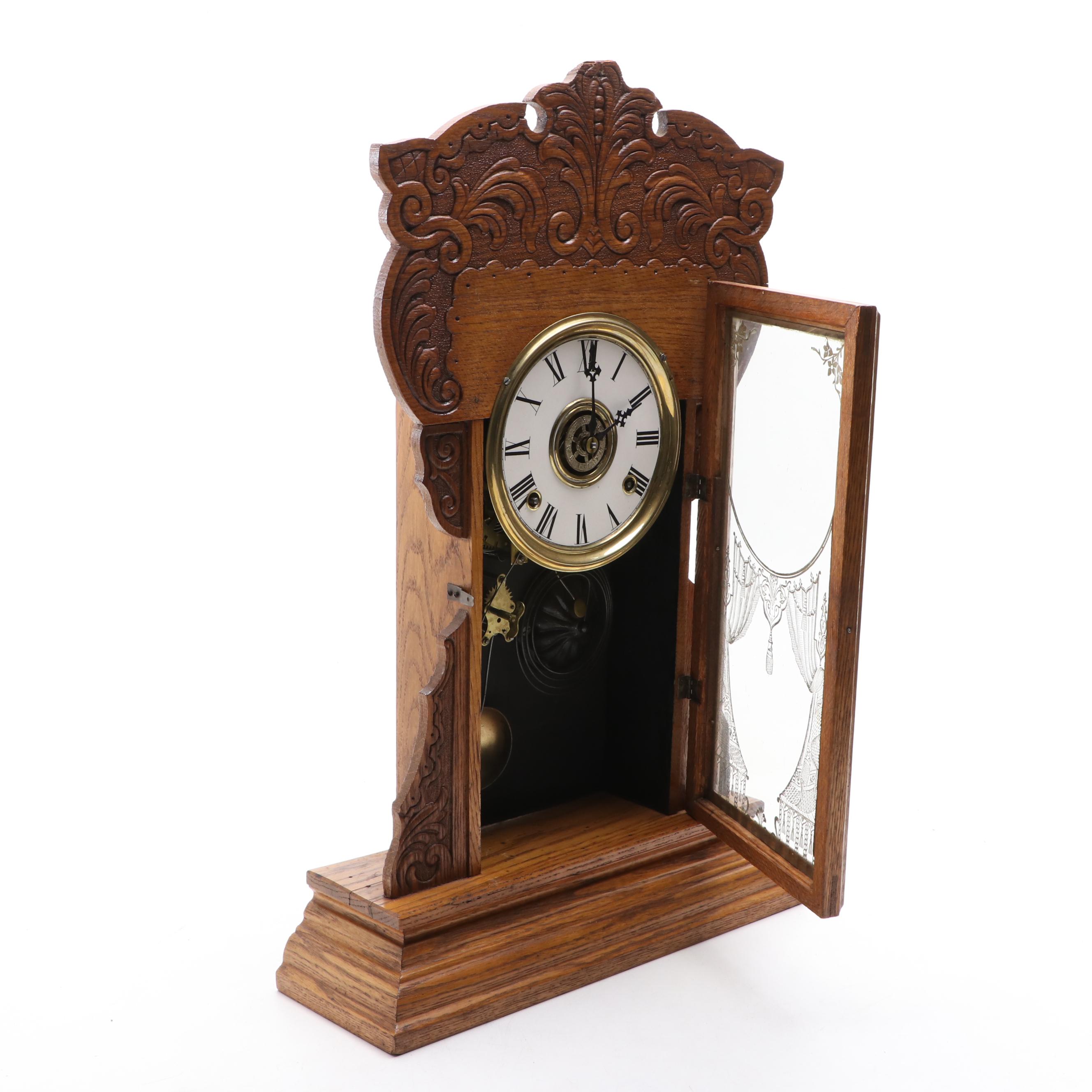 Gilbert Clock Co. Pressed Walnut Gingerbread 8 Day Kitchen Clock, circa 1880s
