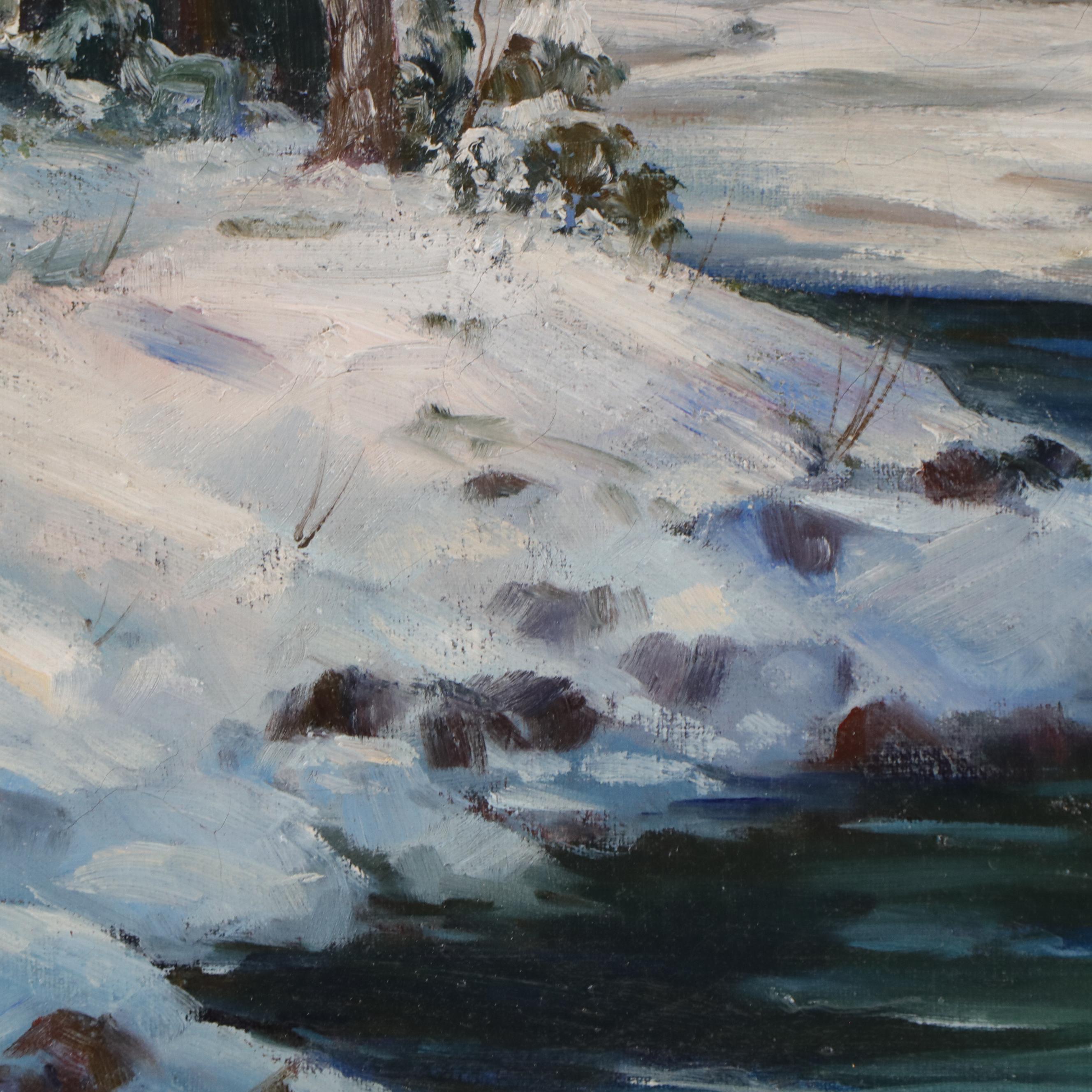 Peter Koster Oil Painting of a Winter Landscape with Stream