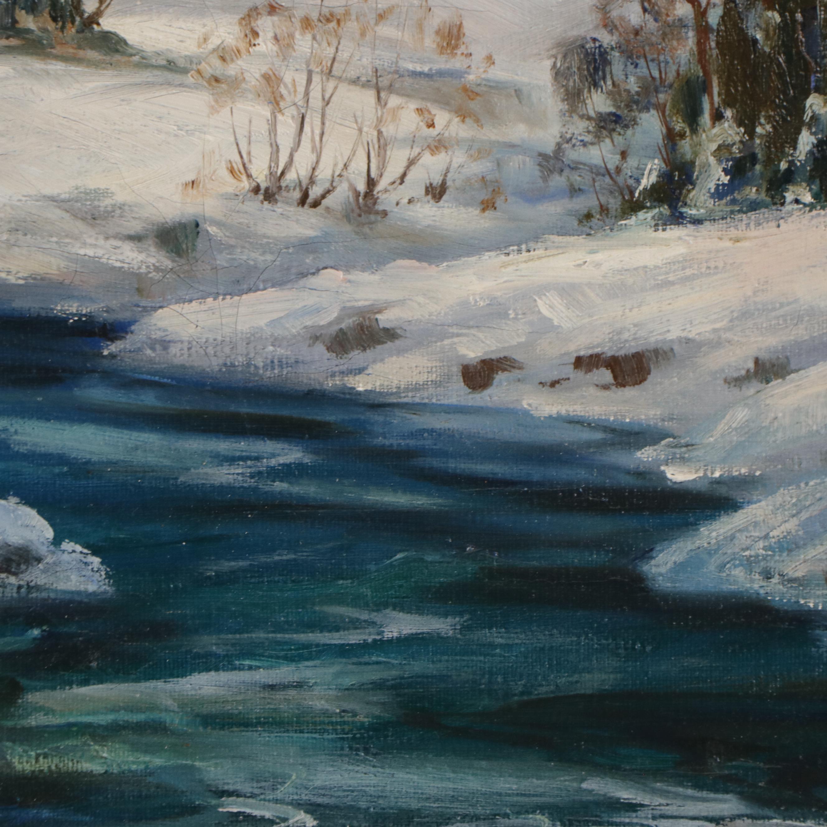 Peter Koster Oil Painting of a Winter Landscape with Stream