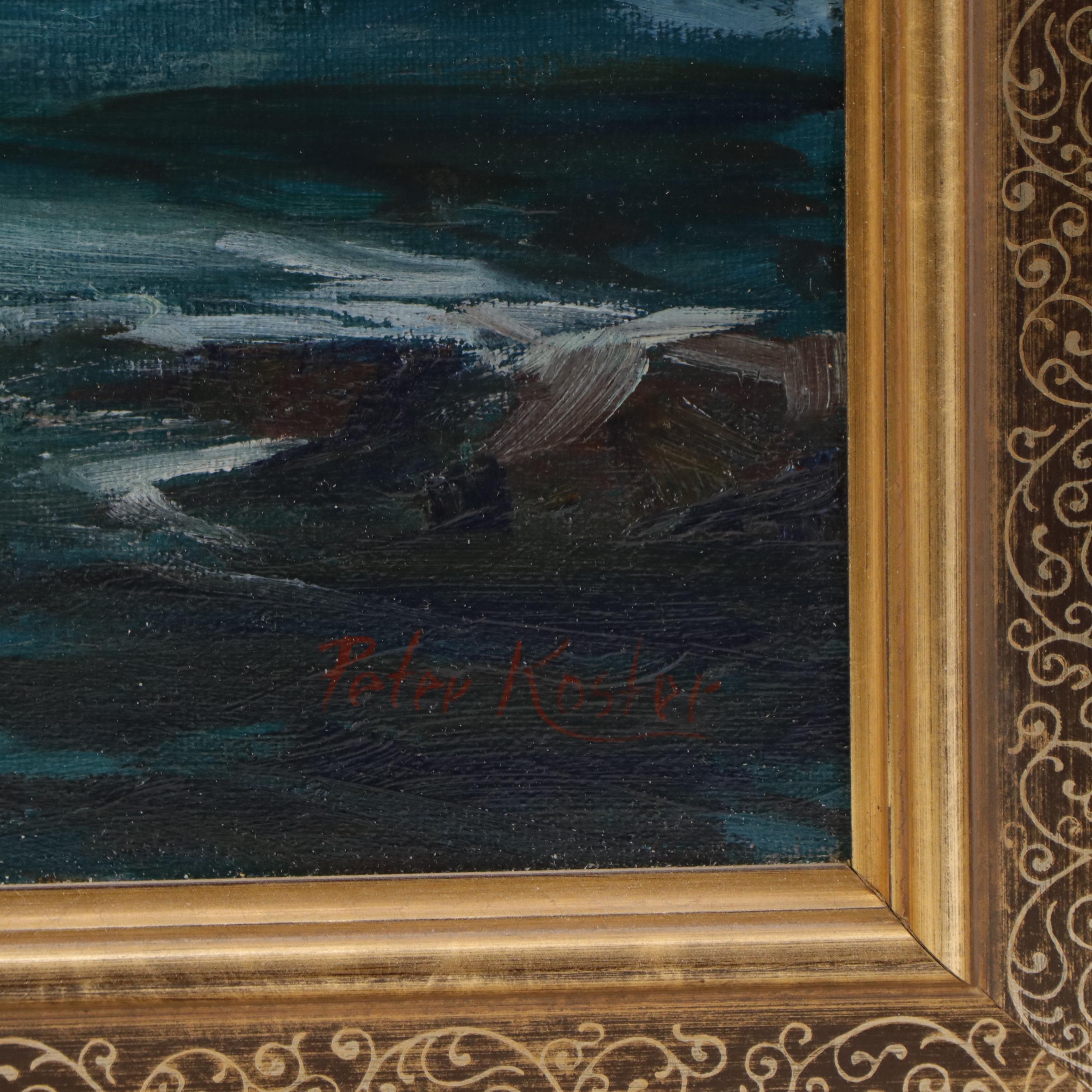 Peter Koster Oil Painting of a Winter Landscape with Stream