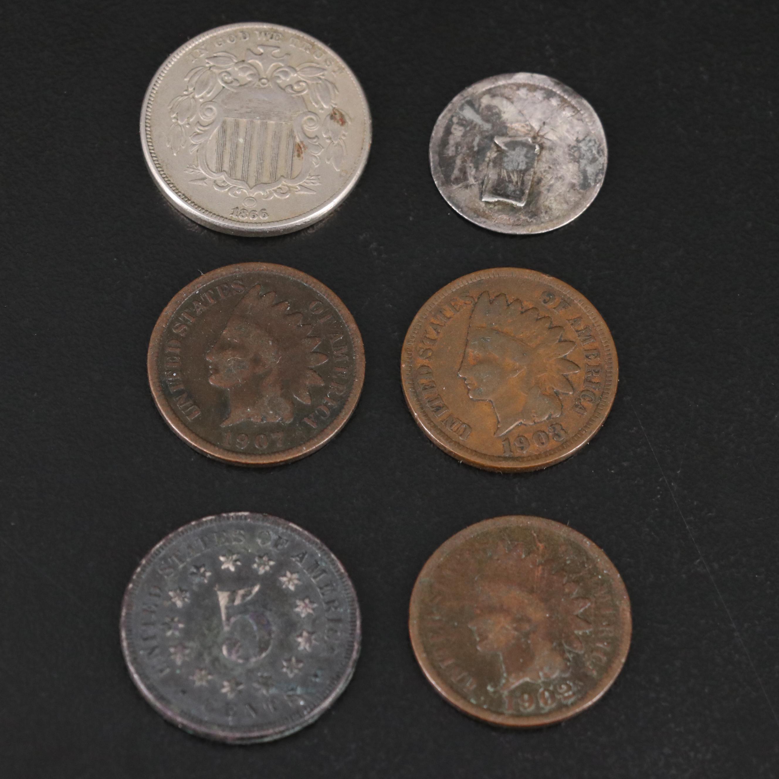 Collection of U.S. Nickels With Two Shield Nickels and Other Coins