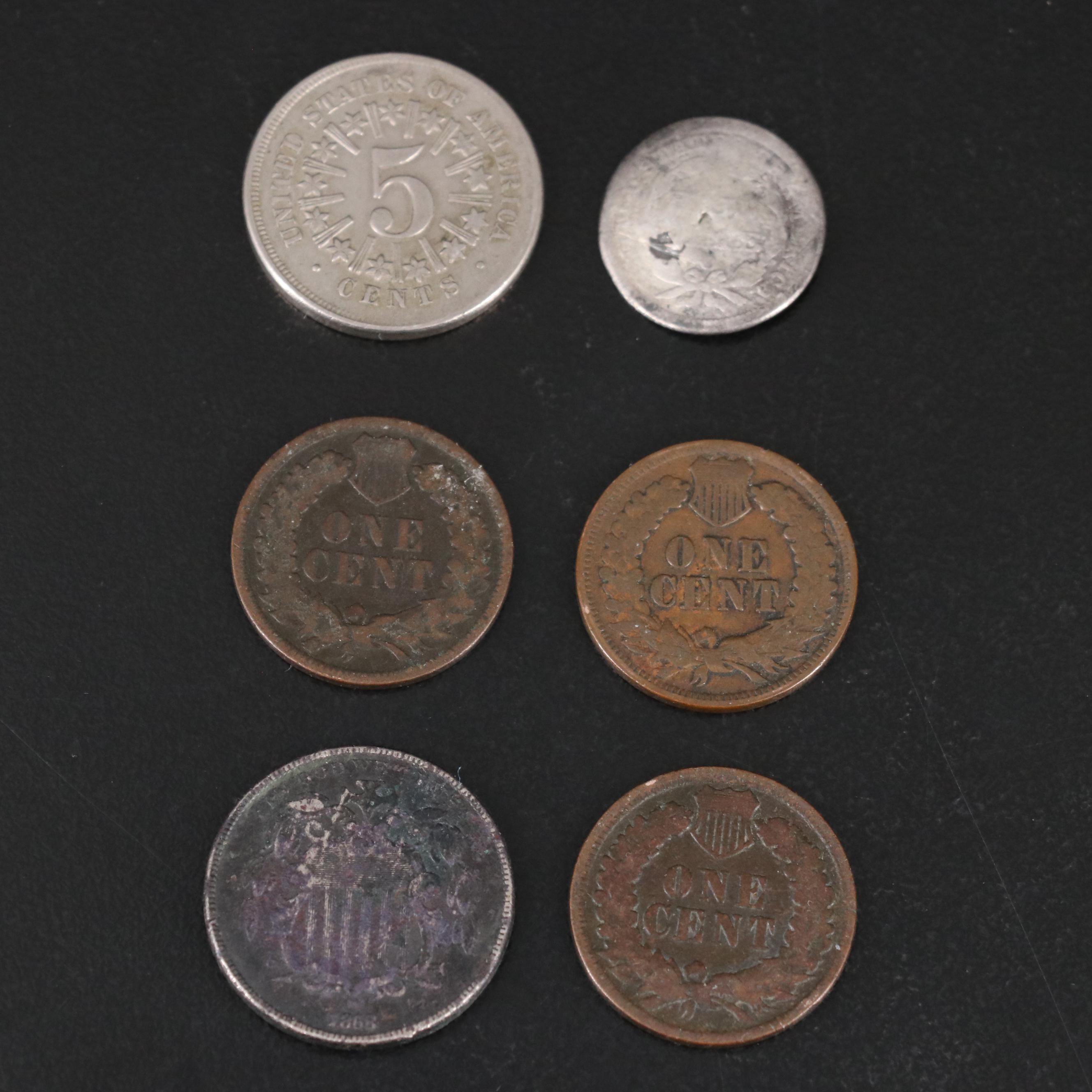 Collection of U.S. Nickels With Two Shield Nickels and Other Coins
