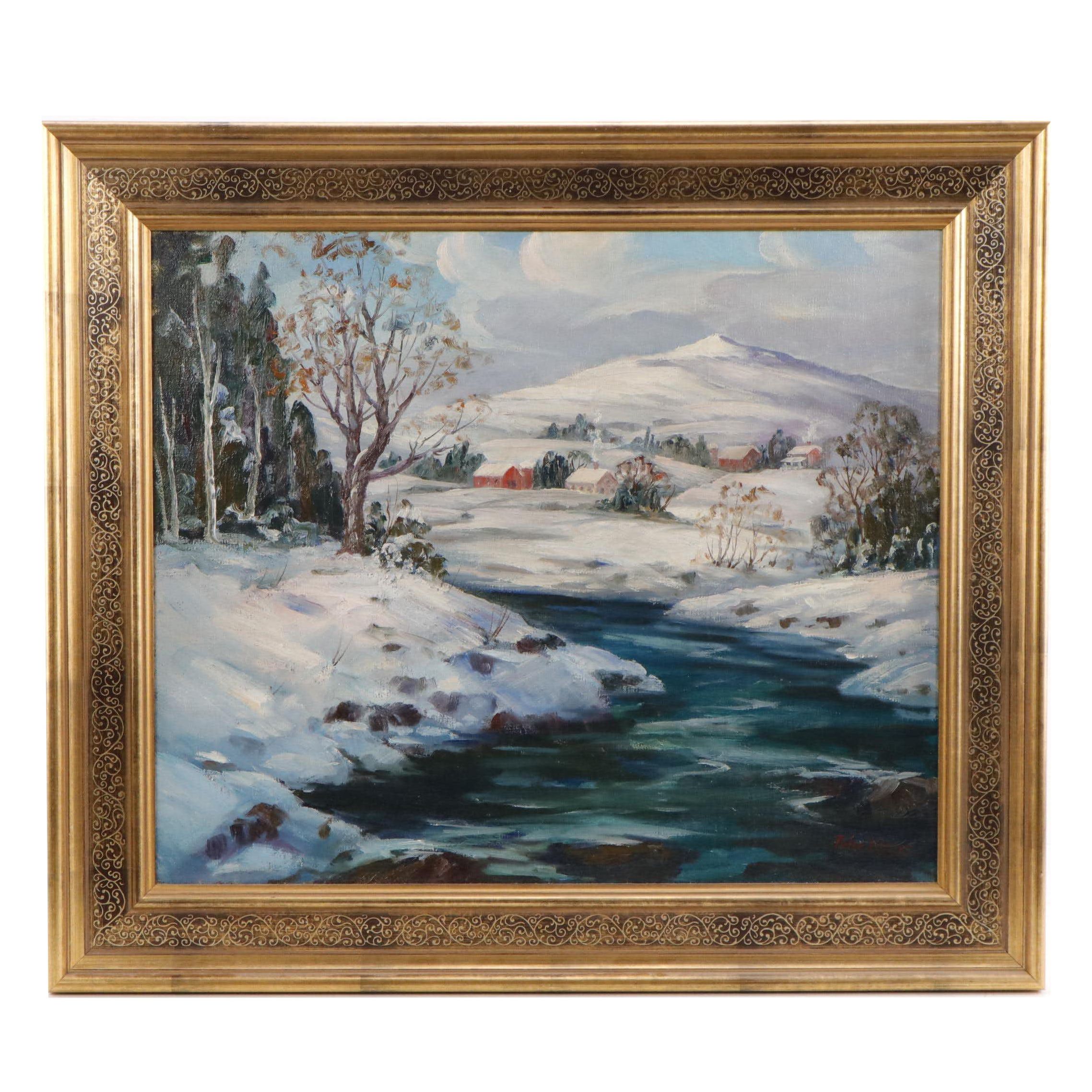Peter Koster Oil Painting of a Winter Landscape with Stream EBTH