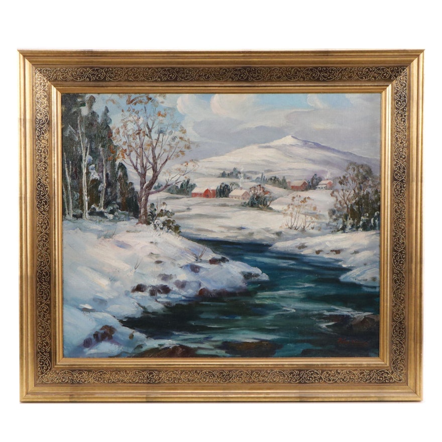 Peter Koster Oil Painting of a Winter Landscape with Stream | EBTH
