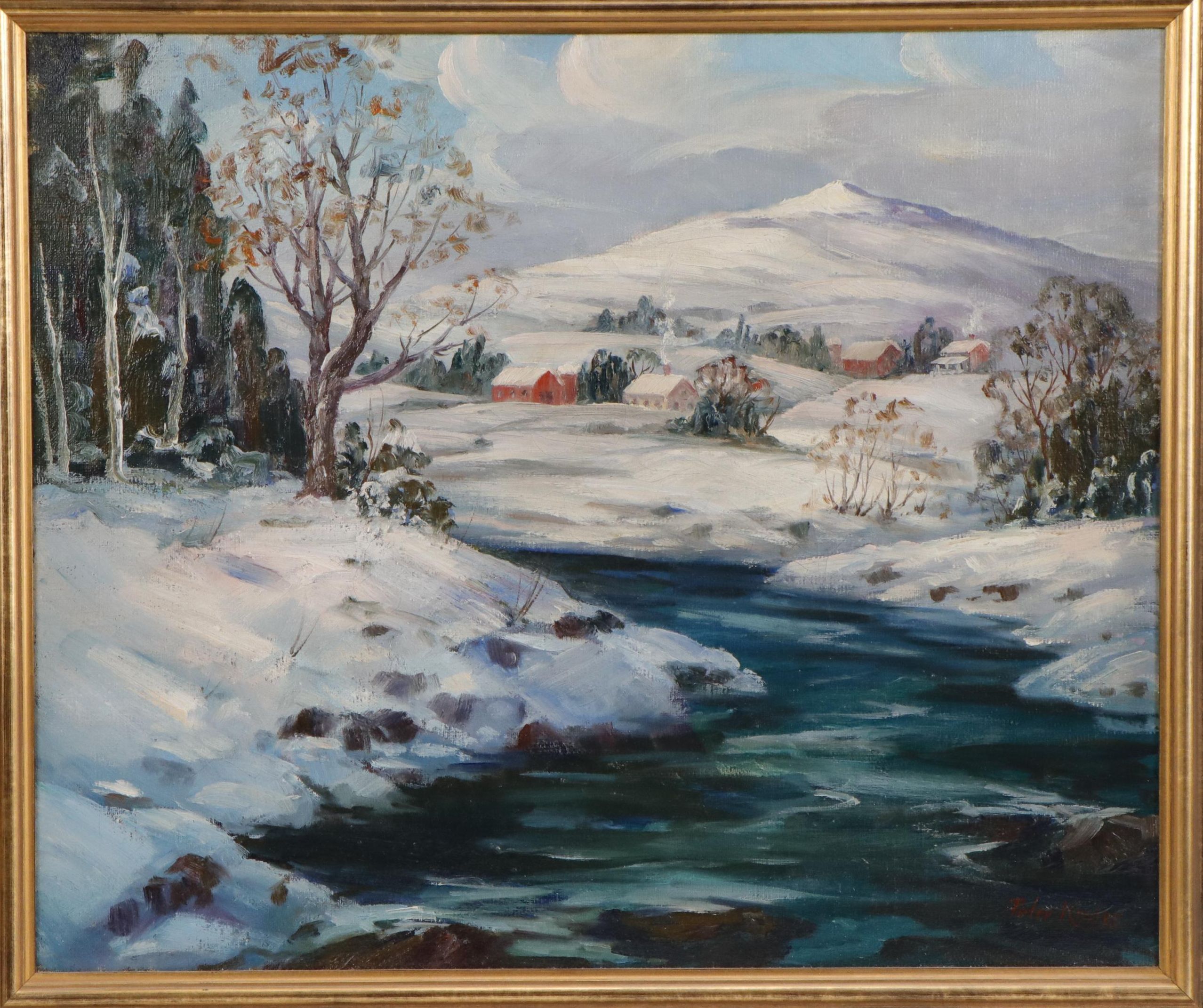 Peter Koster Oil Painting of a Winter Landscape with Stream