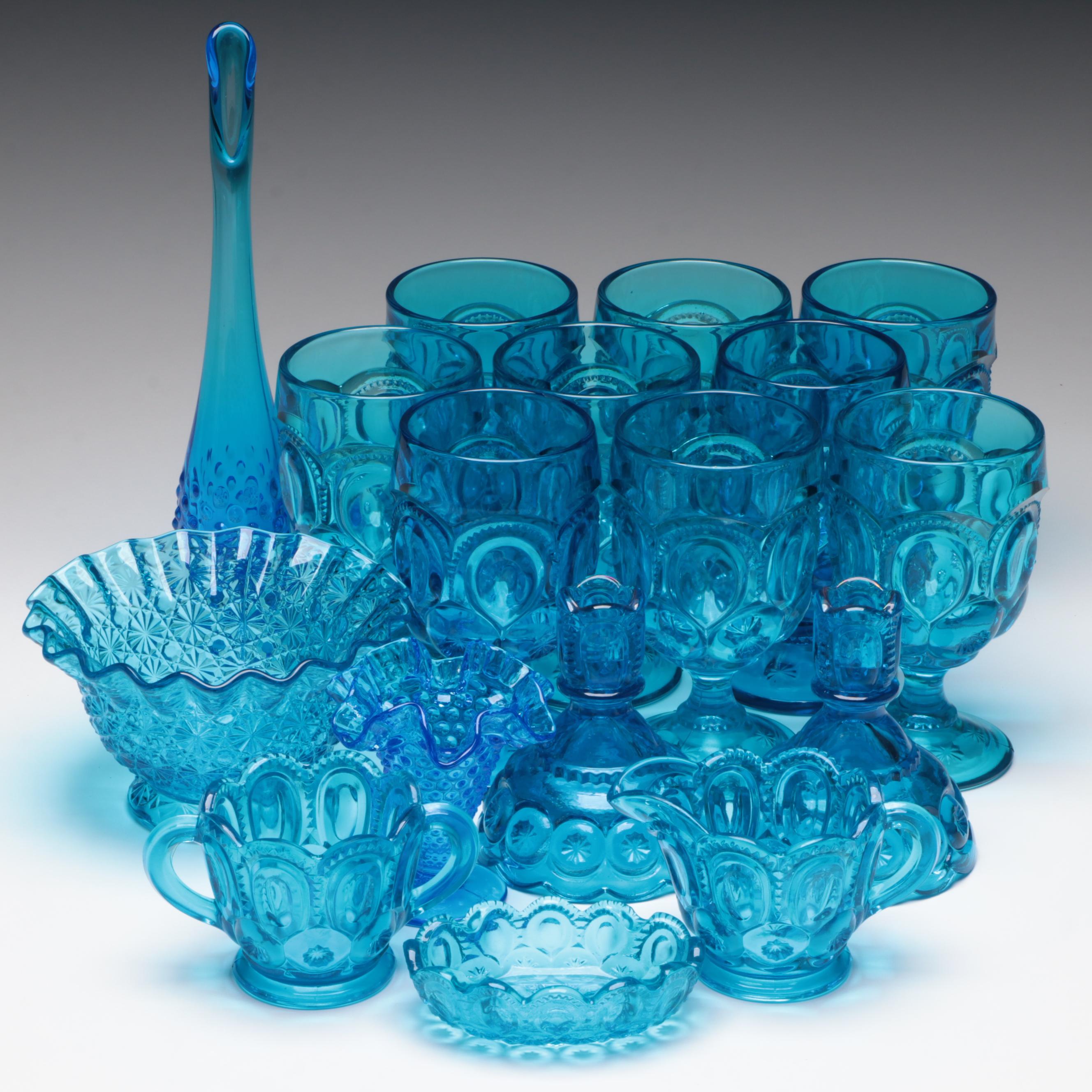 Smith Glass "Moon and Stars Blue" Glassware with Other Blue Pressed Glass