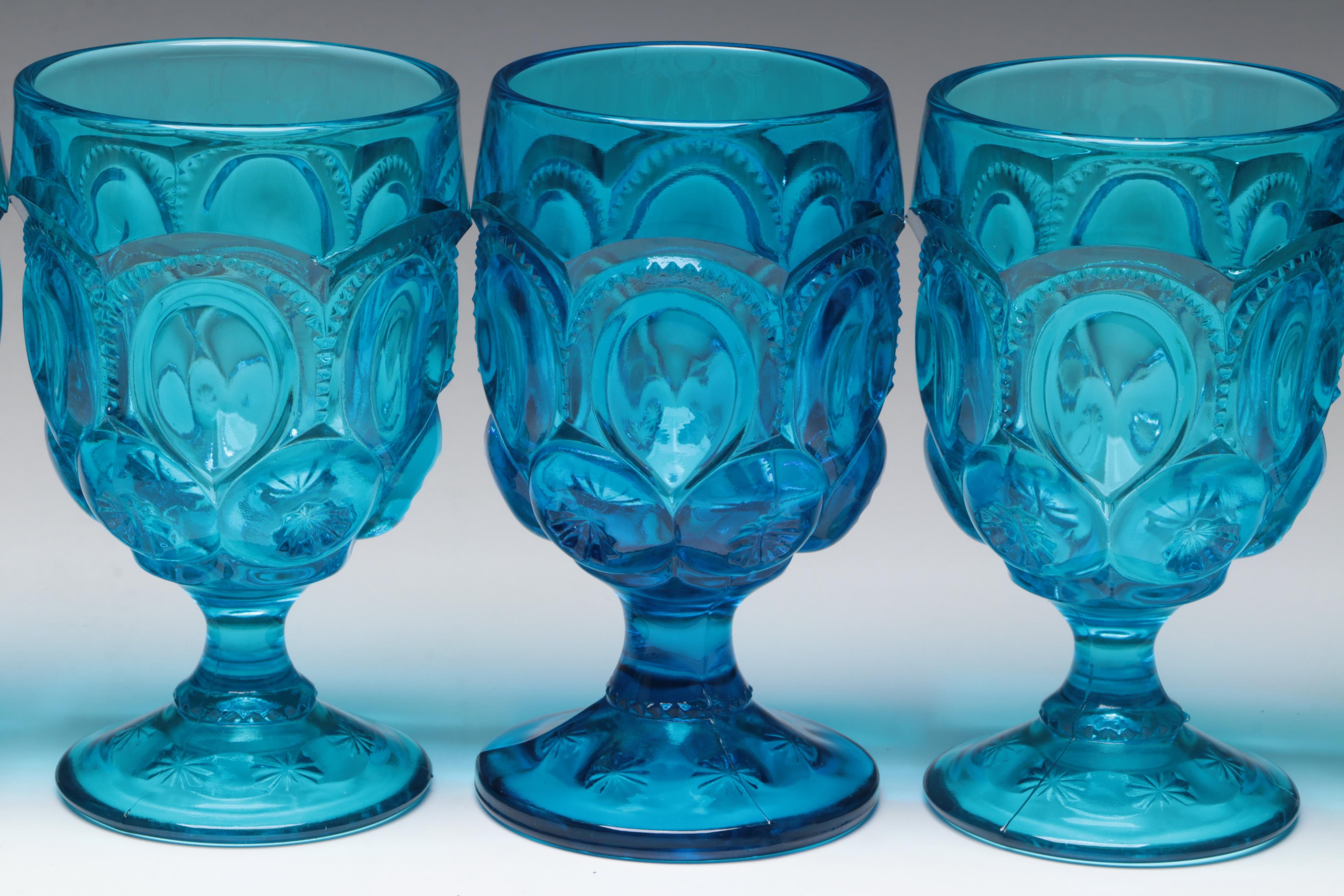 Smith Glass "Moon and Stars Blue" Glassware with Other Blue Pressed Glass
