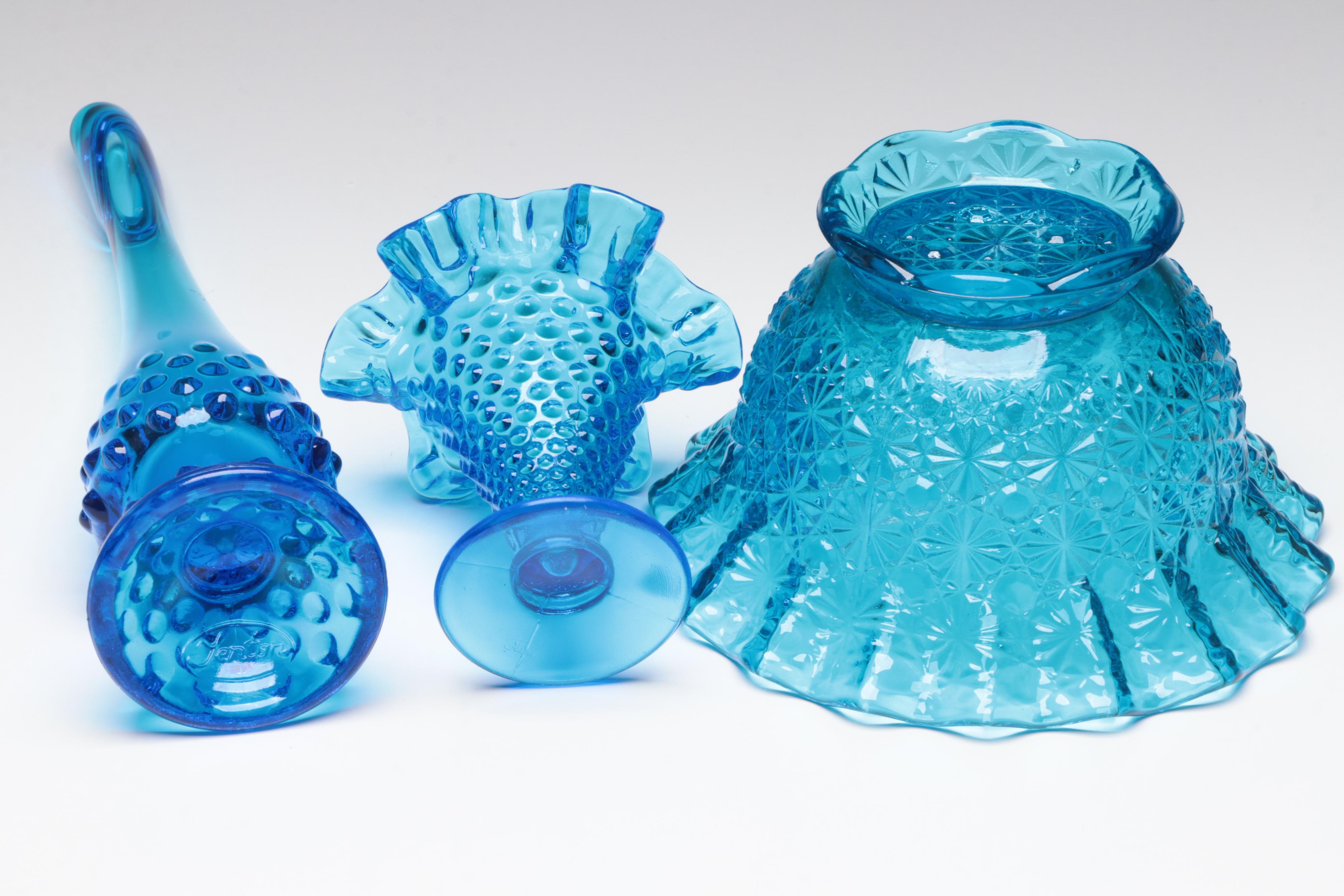 Smith Glass "Moon and Stars Blue" Glassware with Other Blue Pressed Glass