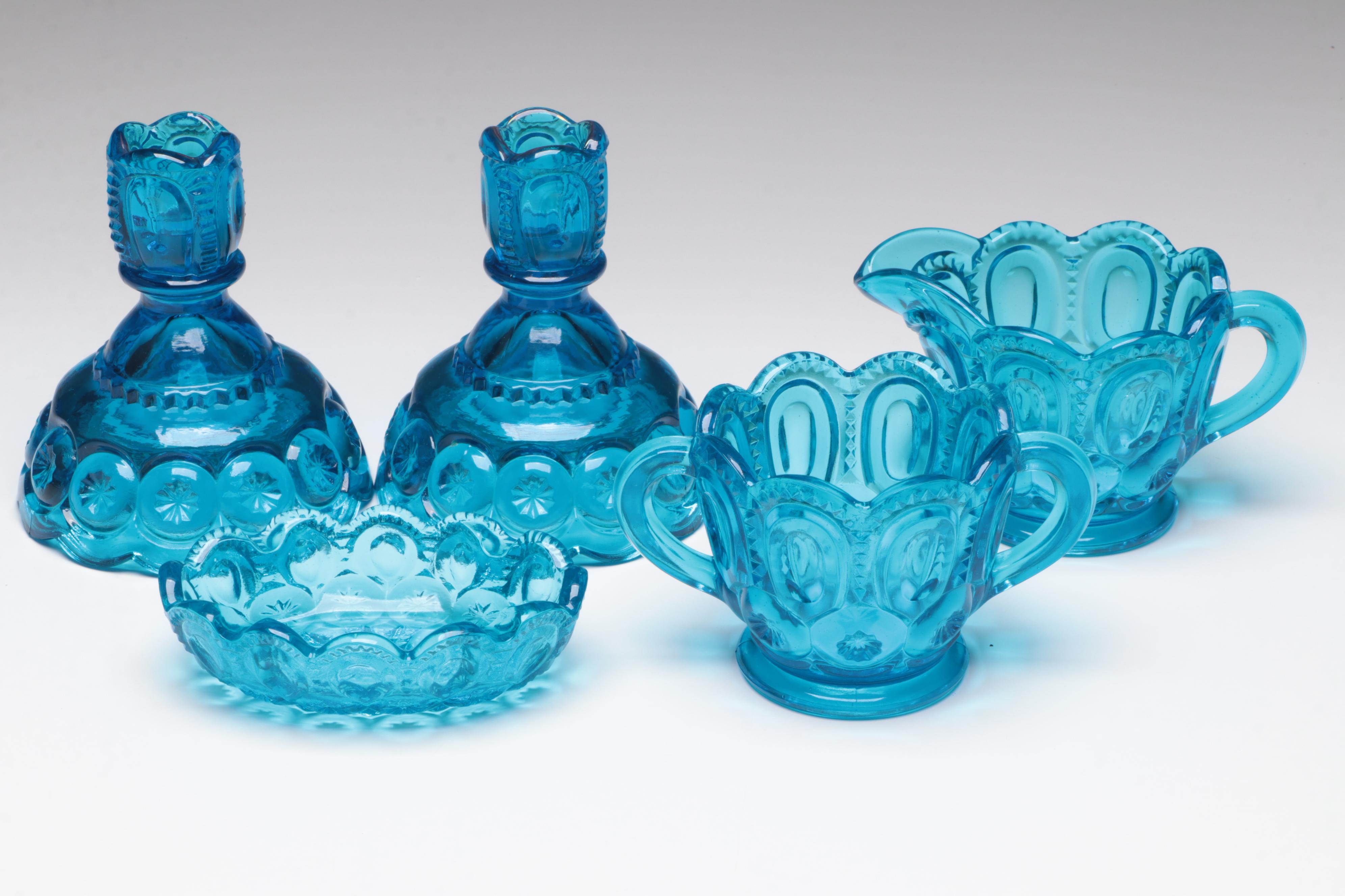 Smith Glass "Moon and Stars Blue" Glassware with Other Blue Pressed Glass