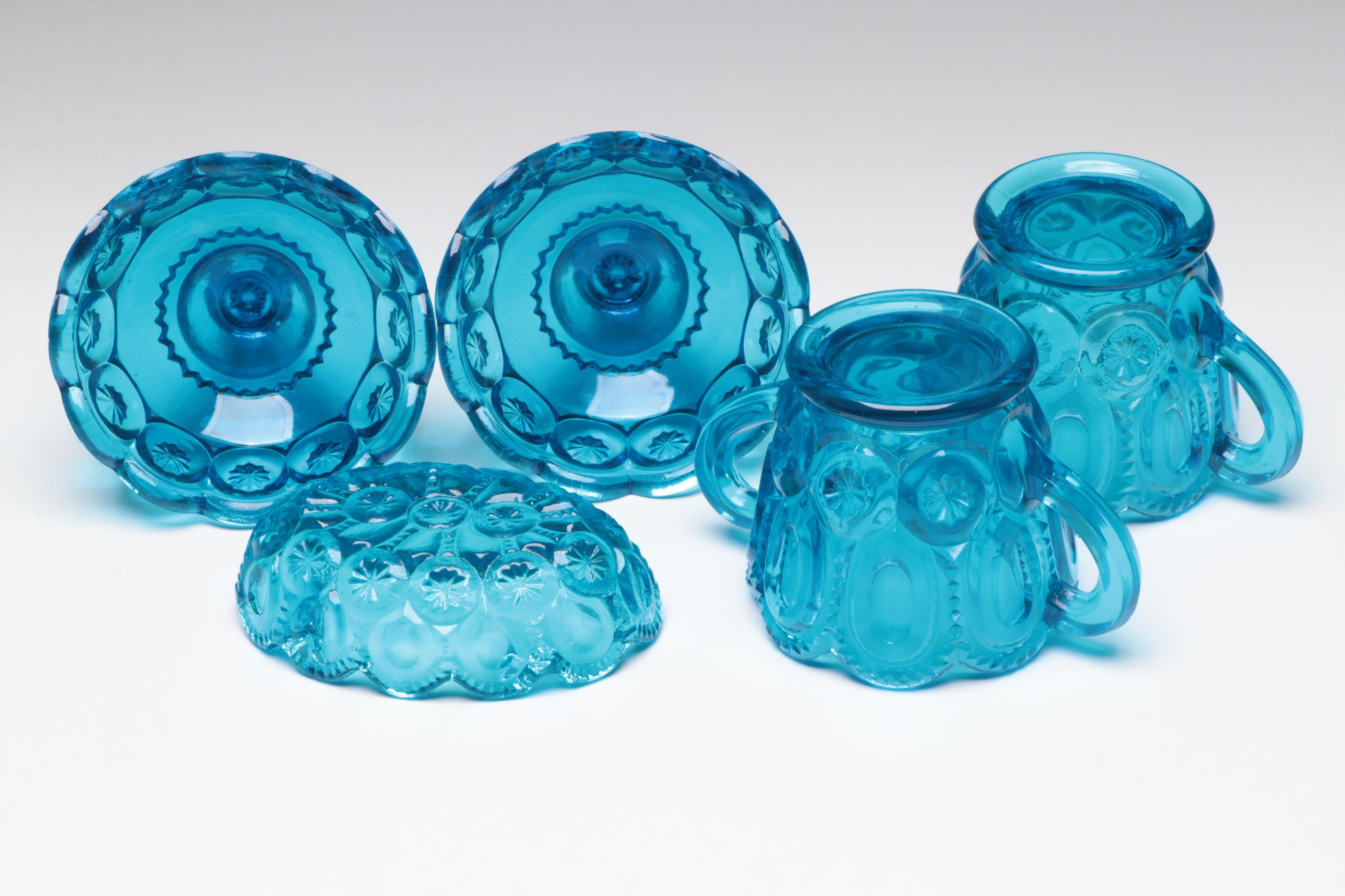 Smith Glass "Moon and Stars Blue" Glassware with Other Blue Pressed Glass