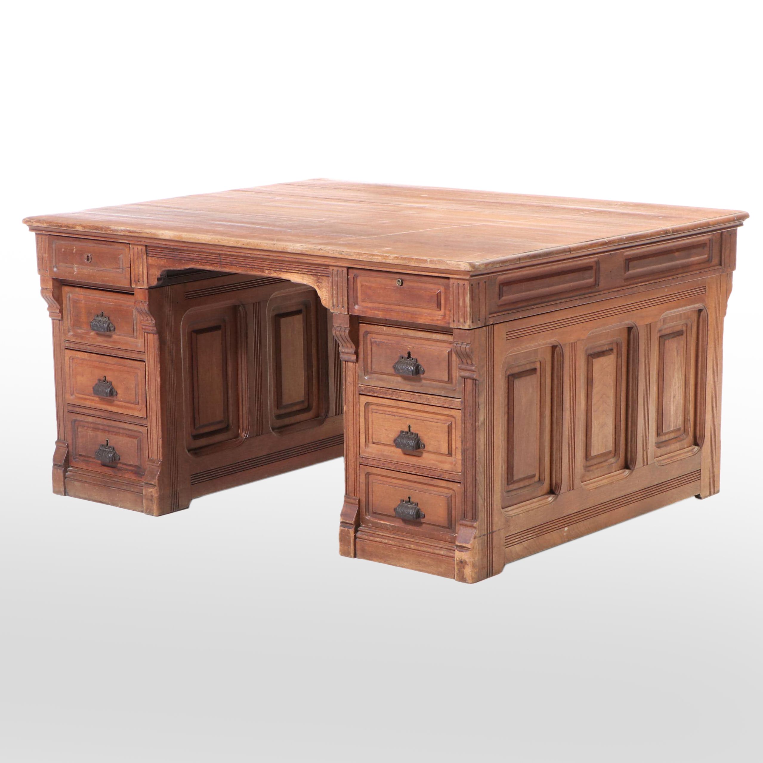 Victorian Walnut Double-Pedestal Partner's Desk, Late 19th Century