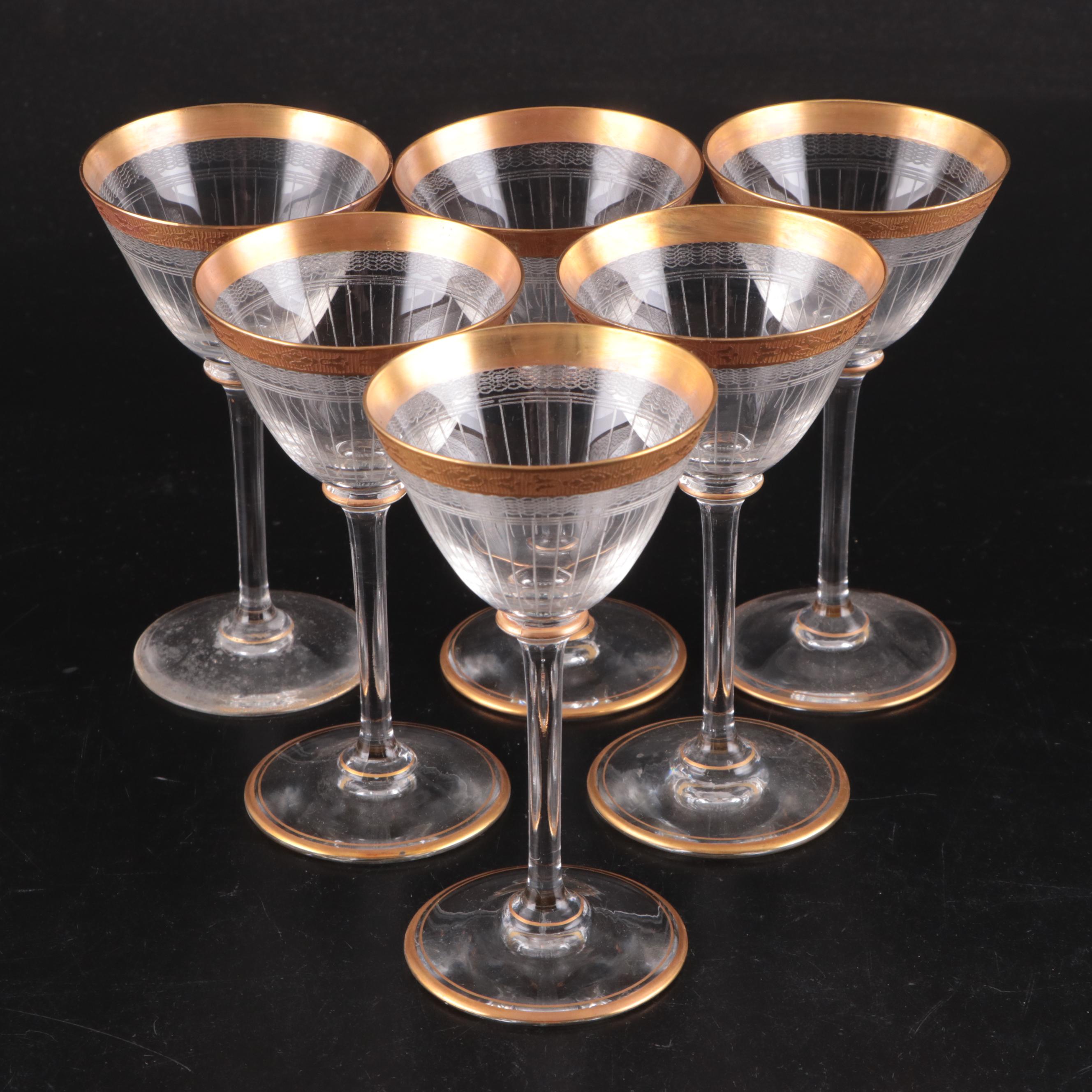 Needle Etched Coupes with Other Gilt Rimmed Stemware and Candy Container