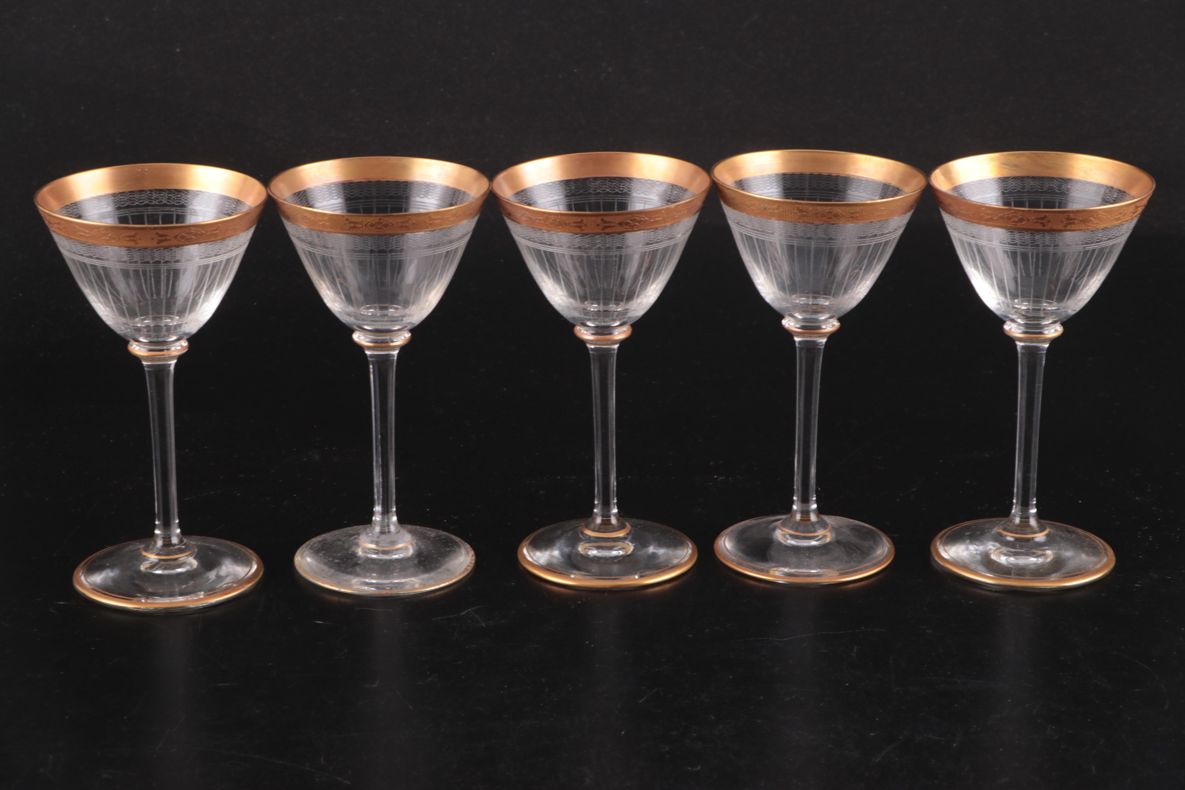 Needle Etched Coupes with Other Gilt Rimmed Stemware and Candy Container