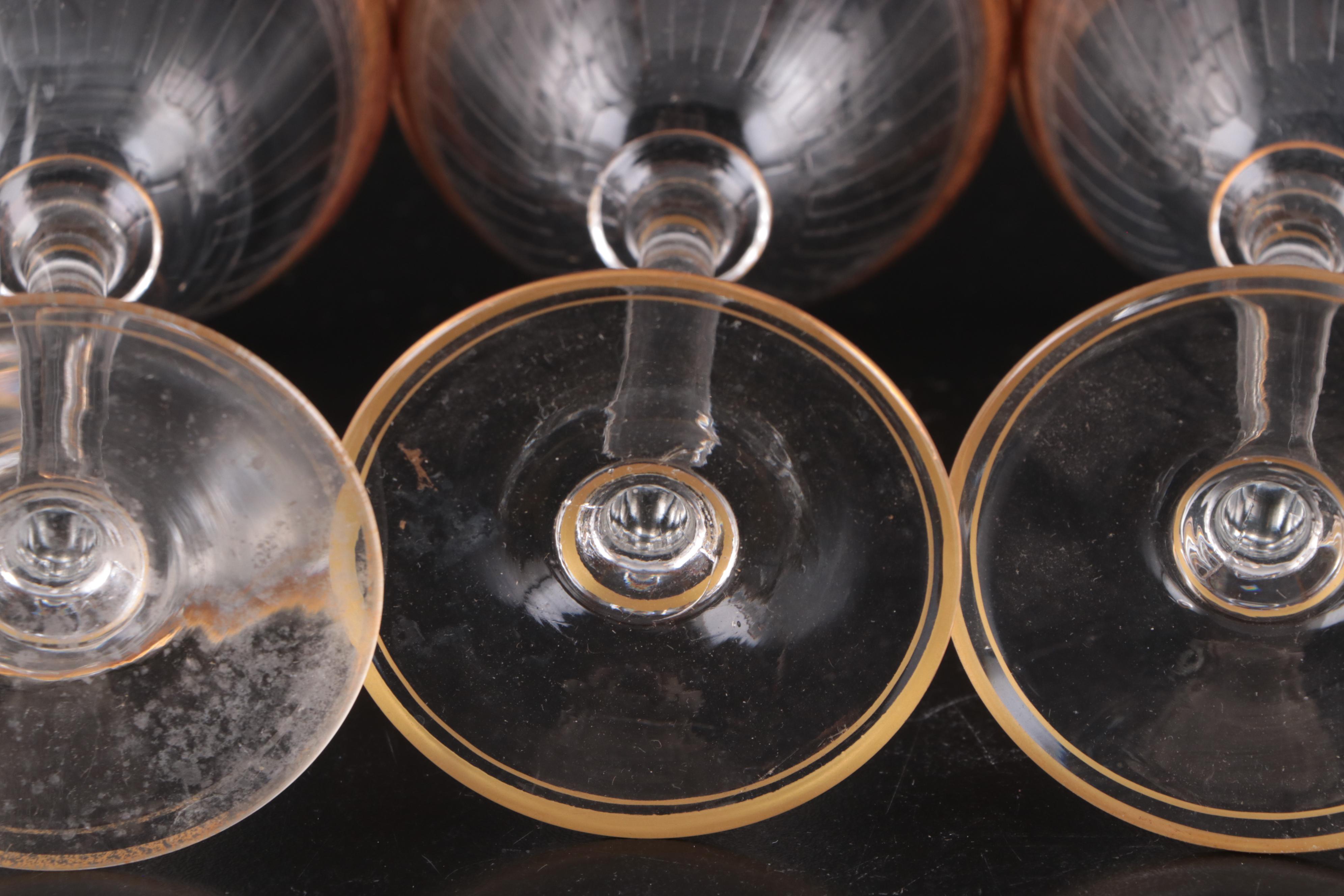 Needle Etched Coupes with Other Gilt Rimmed Stemware and Candy Container