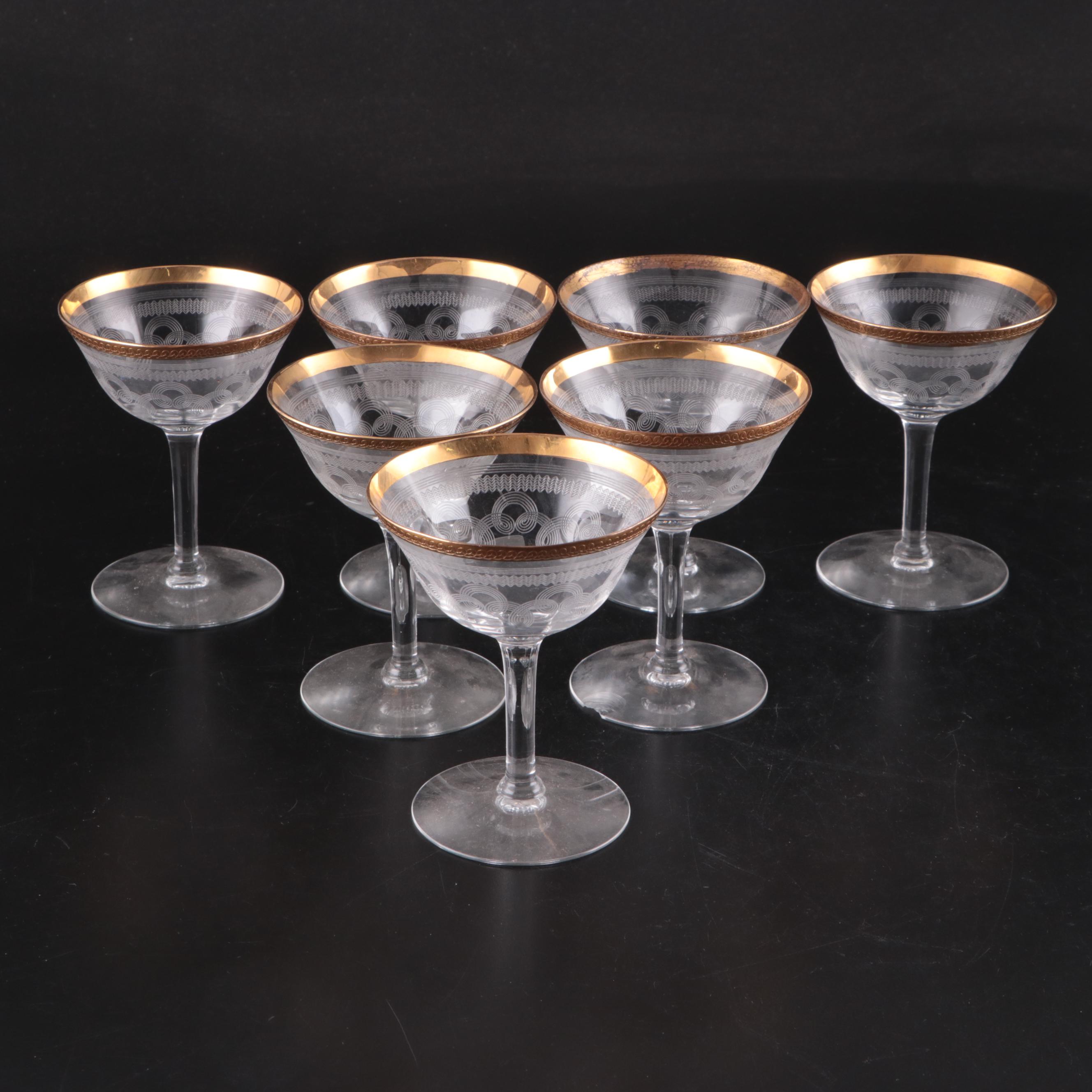 Needle Etched Coupes with Other Gilt Rimmed Stemware and Candy Container