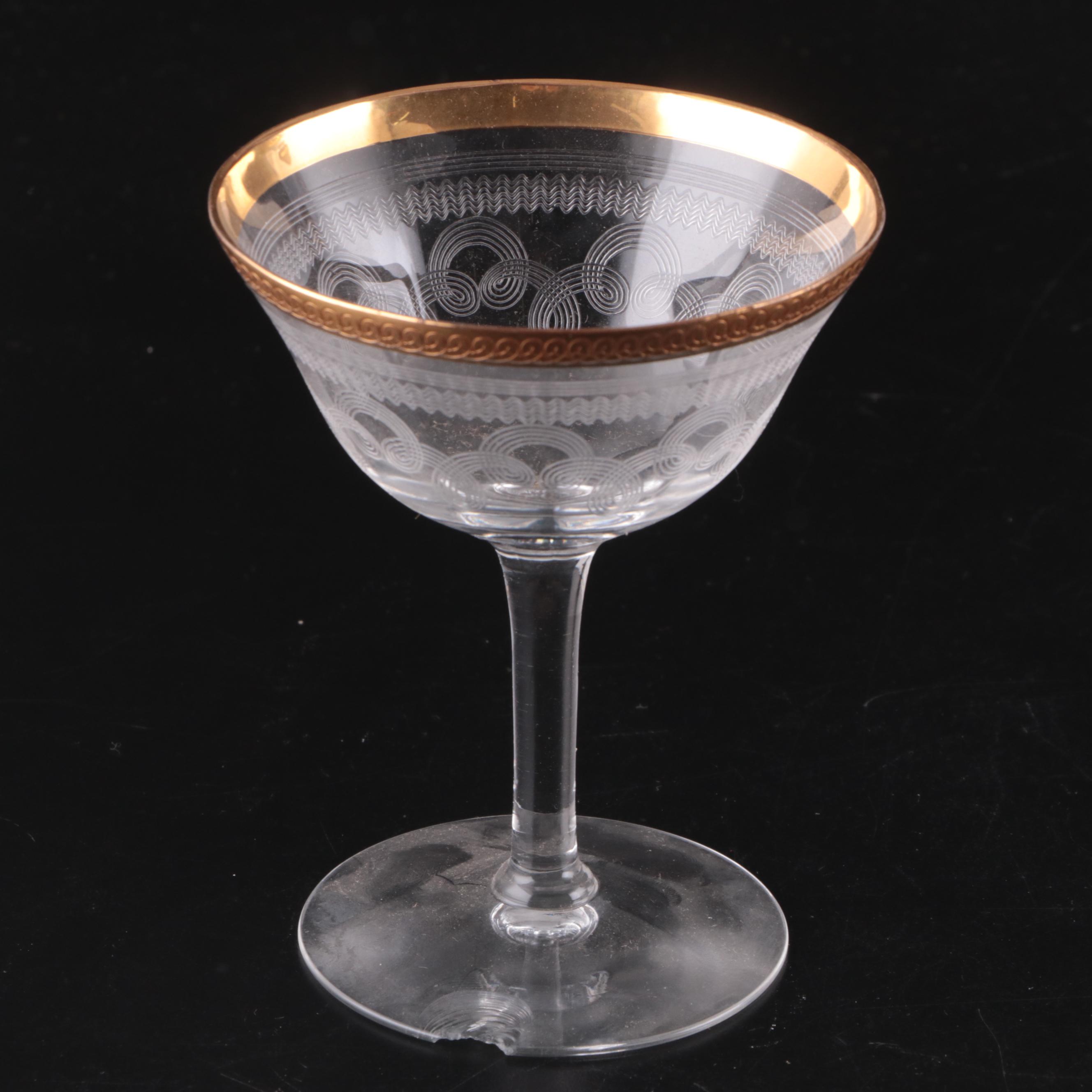 Needle Etched Coupes with Other Gilt Rimmed Stemware and Candy Container