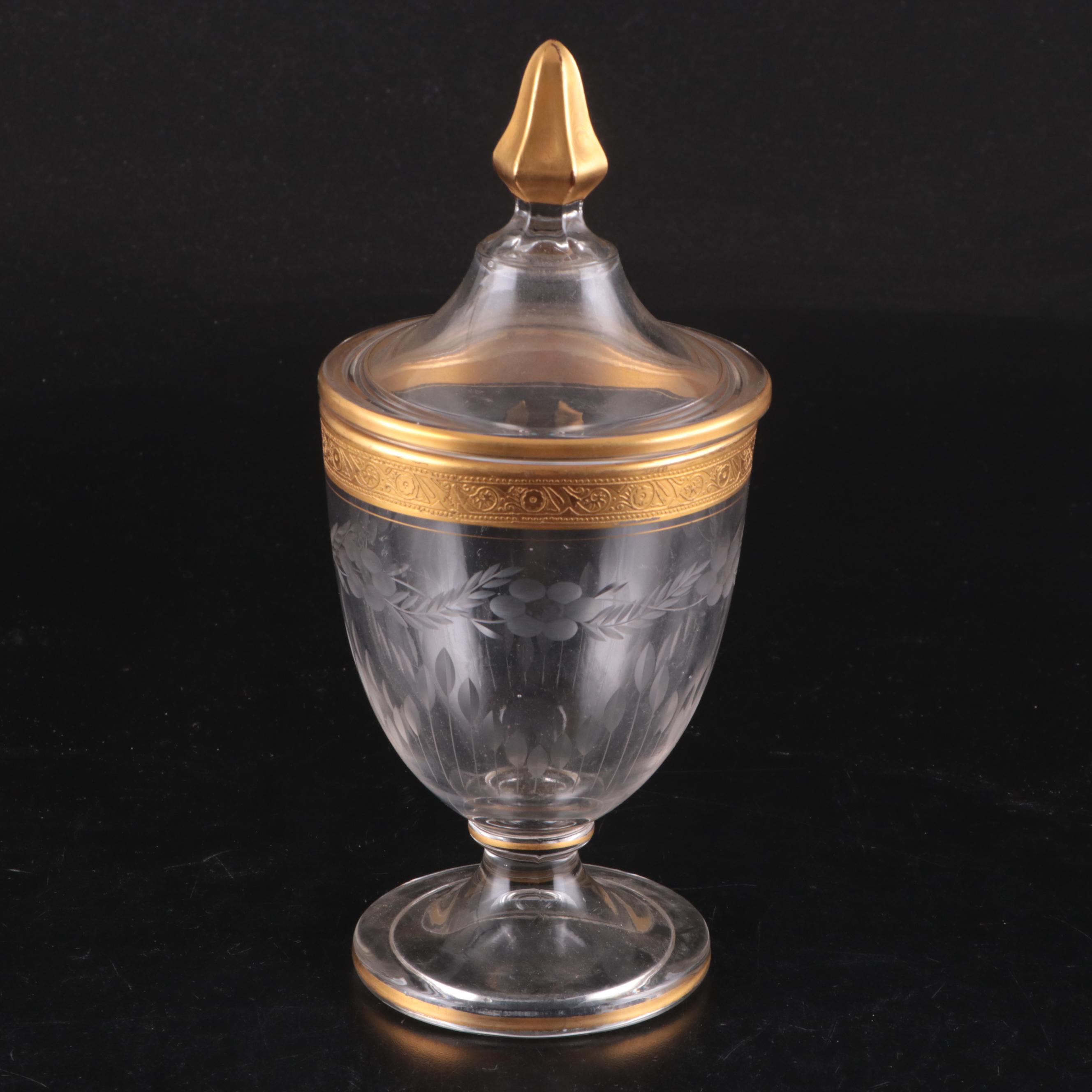 Needle Etched Coupes with Other Gilt Rimmed Stemware and Candy Container