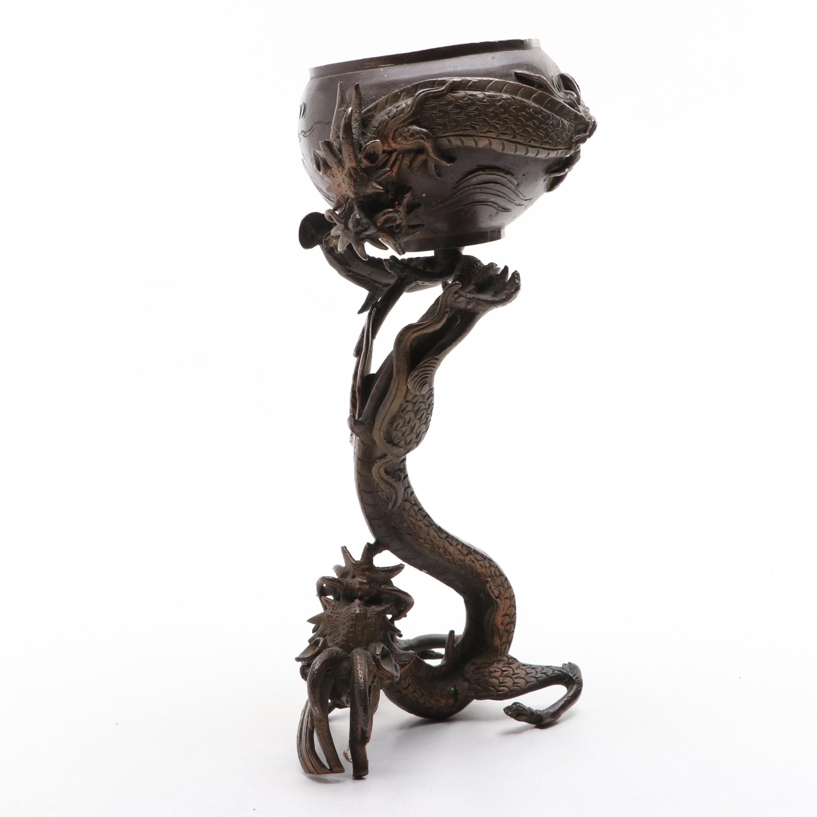 Japanese Cast Bronzed Metal Dragon Stand Censer