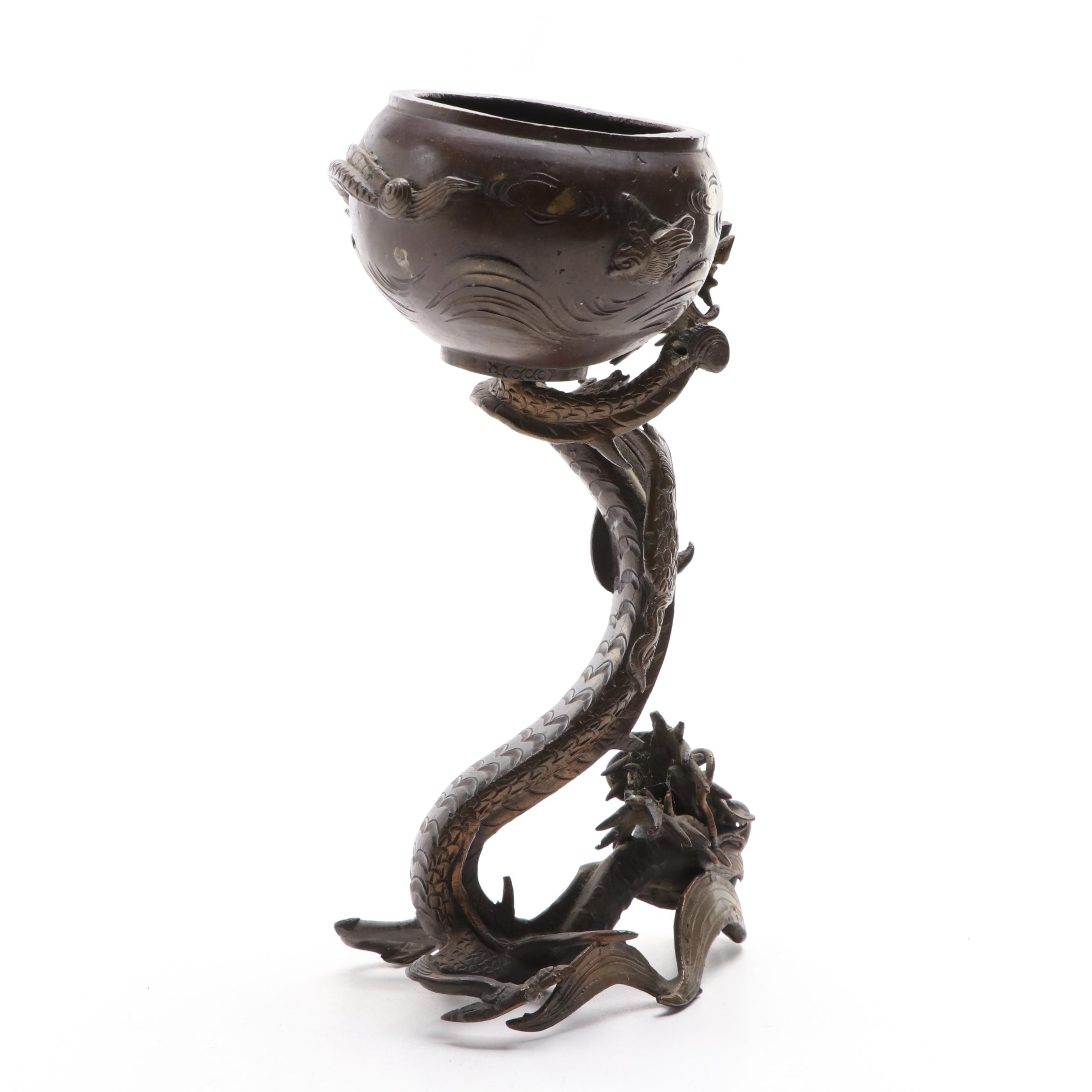 Japanese Cast Bronzed Metal Dragon Stand Censer