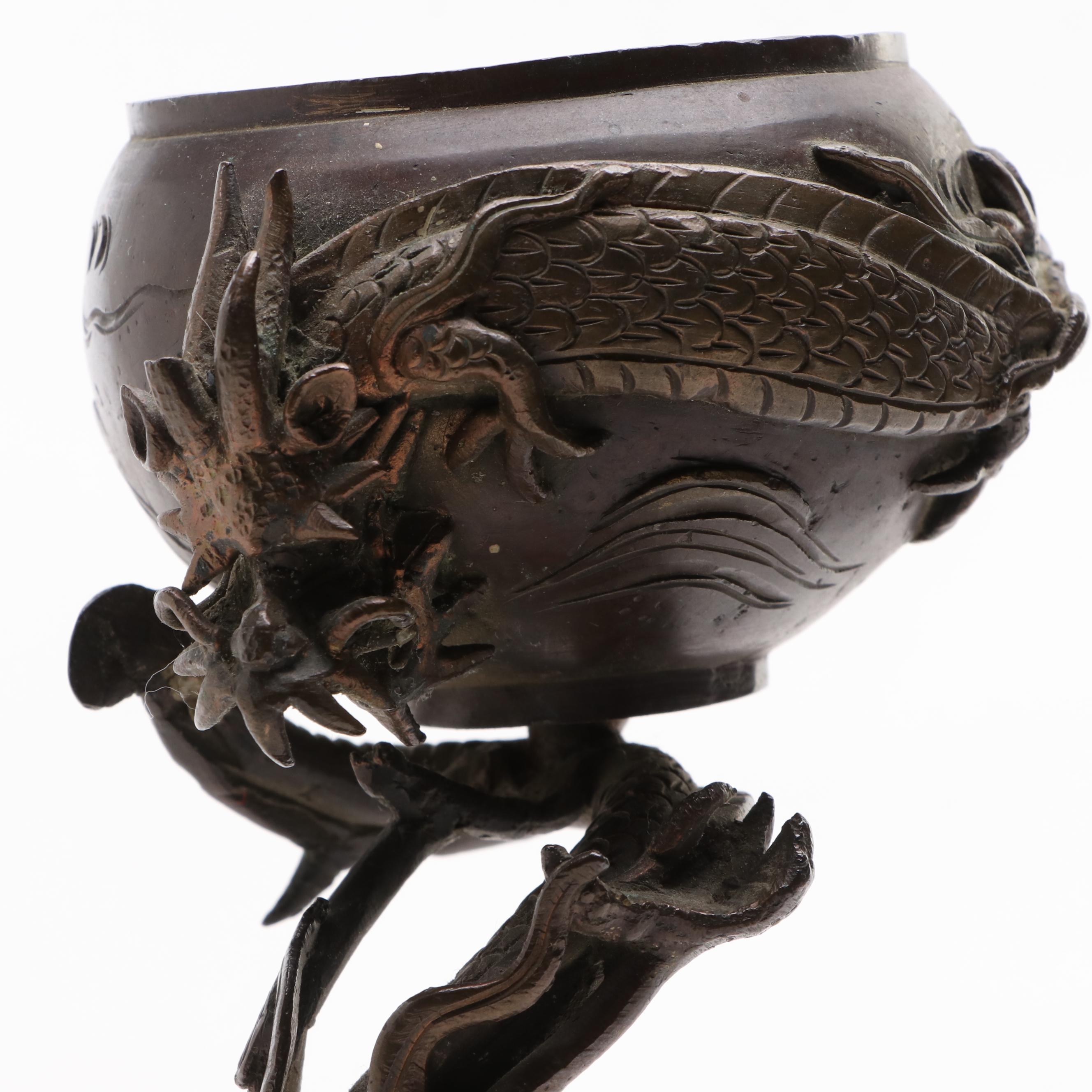 Japanese Cast Bronzed Metal Dragon Stand Censer