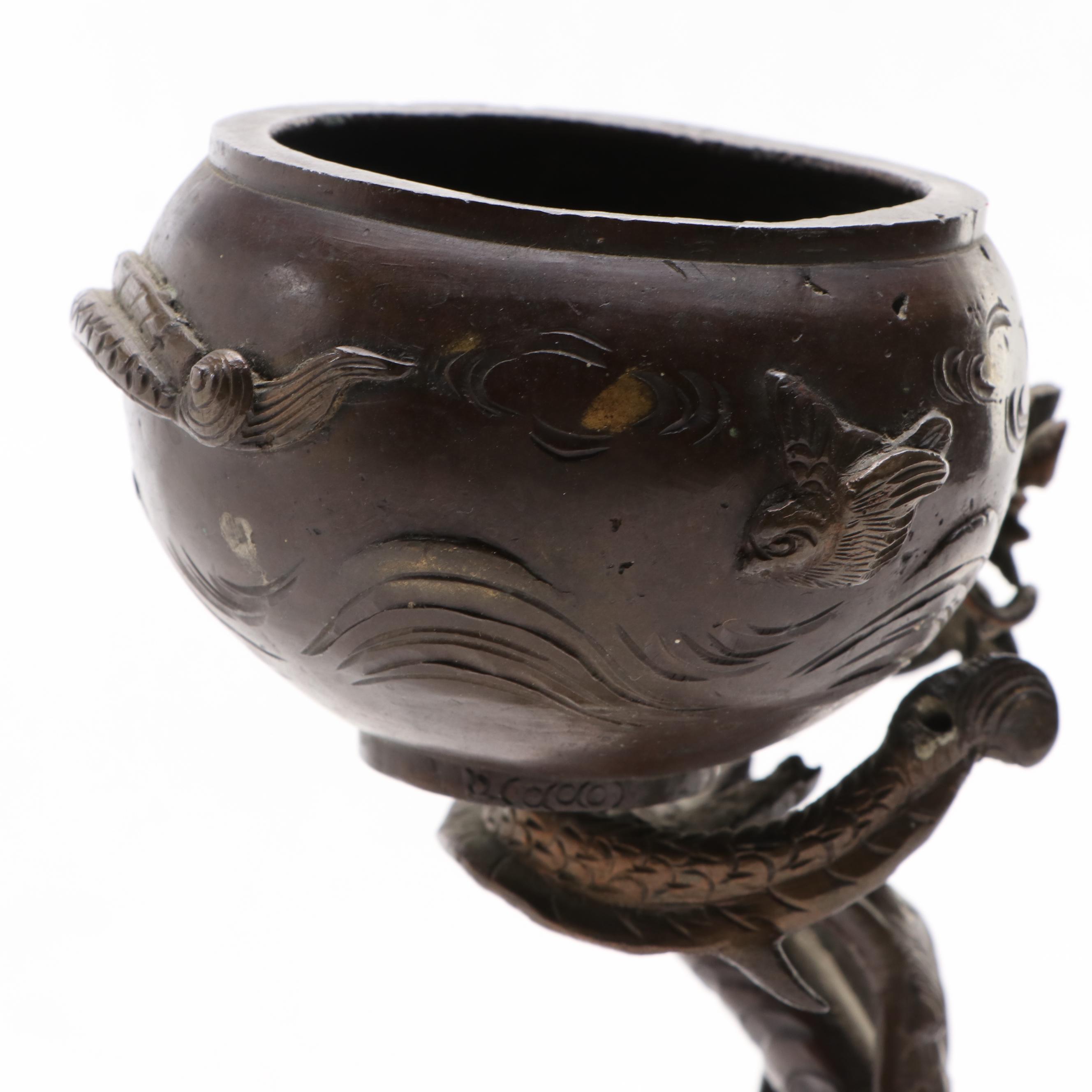Japanese Cast Bronzed Metal Dragon Stand Censer