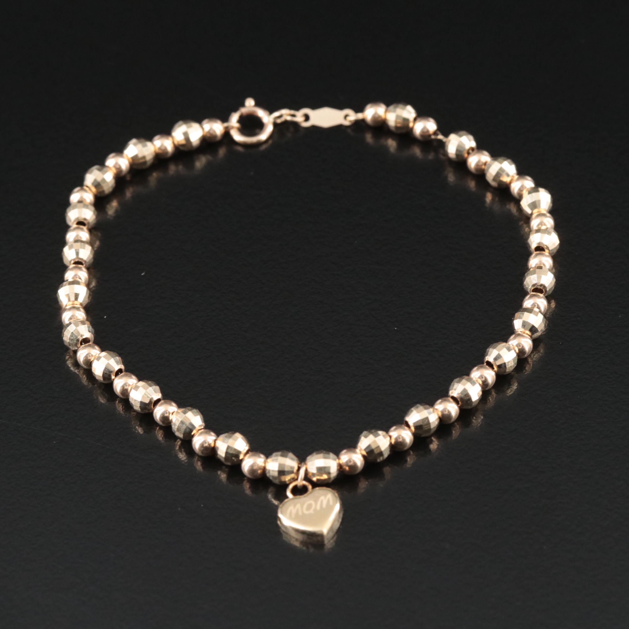 14K "Mom" Heart and Bead Bracelet