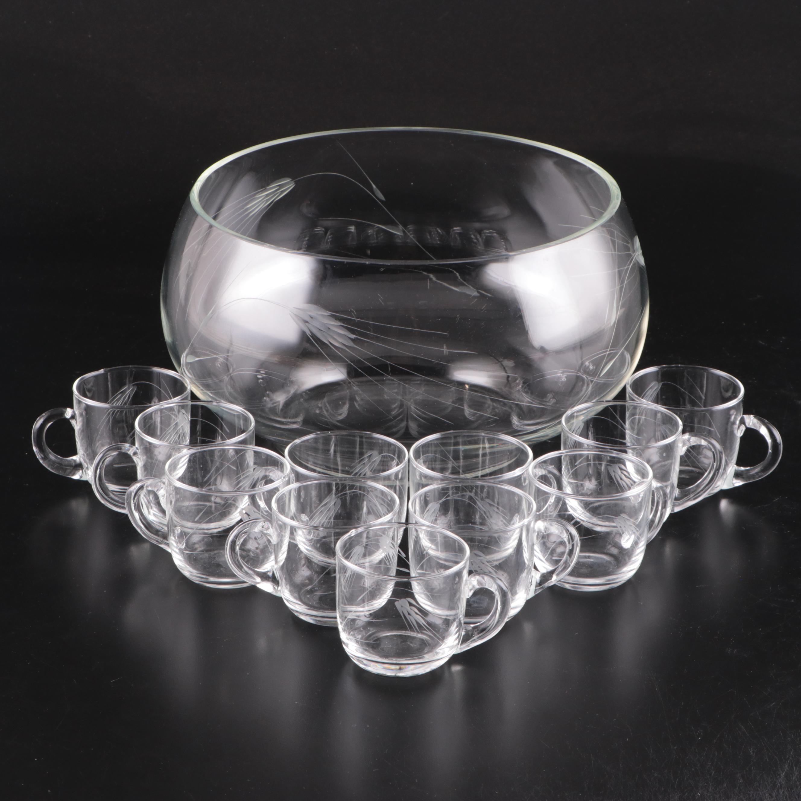 Etched Glass Punch Bowl with Punch Cups