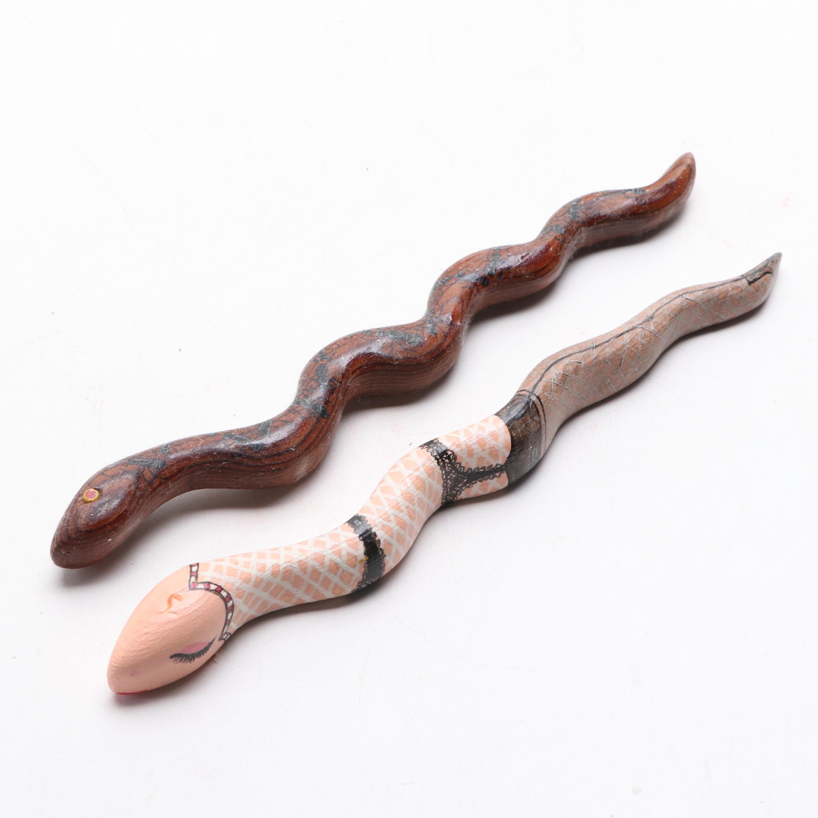 Folk Art Style Carved Wood and Metal Bottle Cap Snake Sculptures