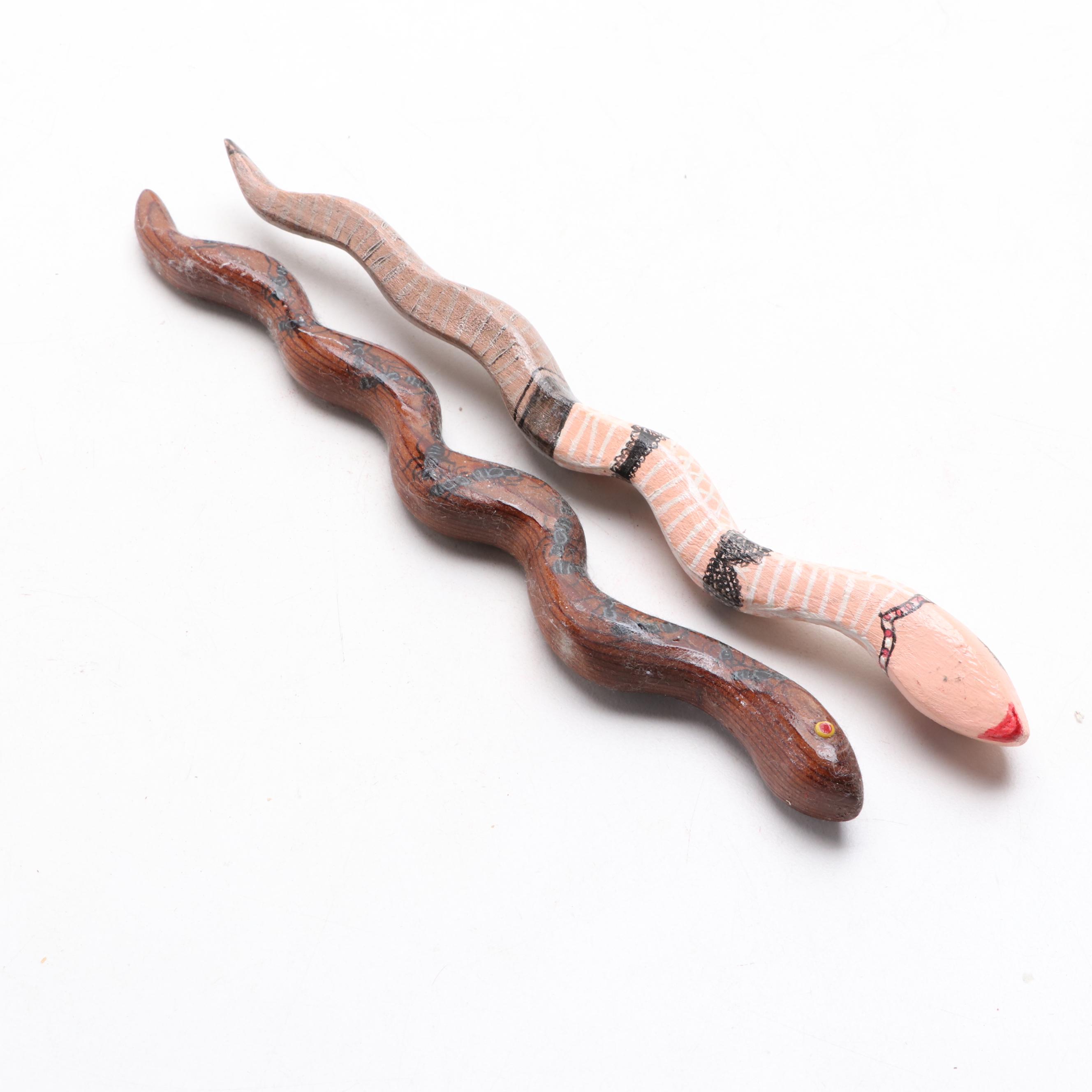 Folk Art Style Carved Wood and Metal Bottle Cap Snake Sculptures