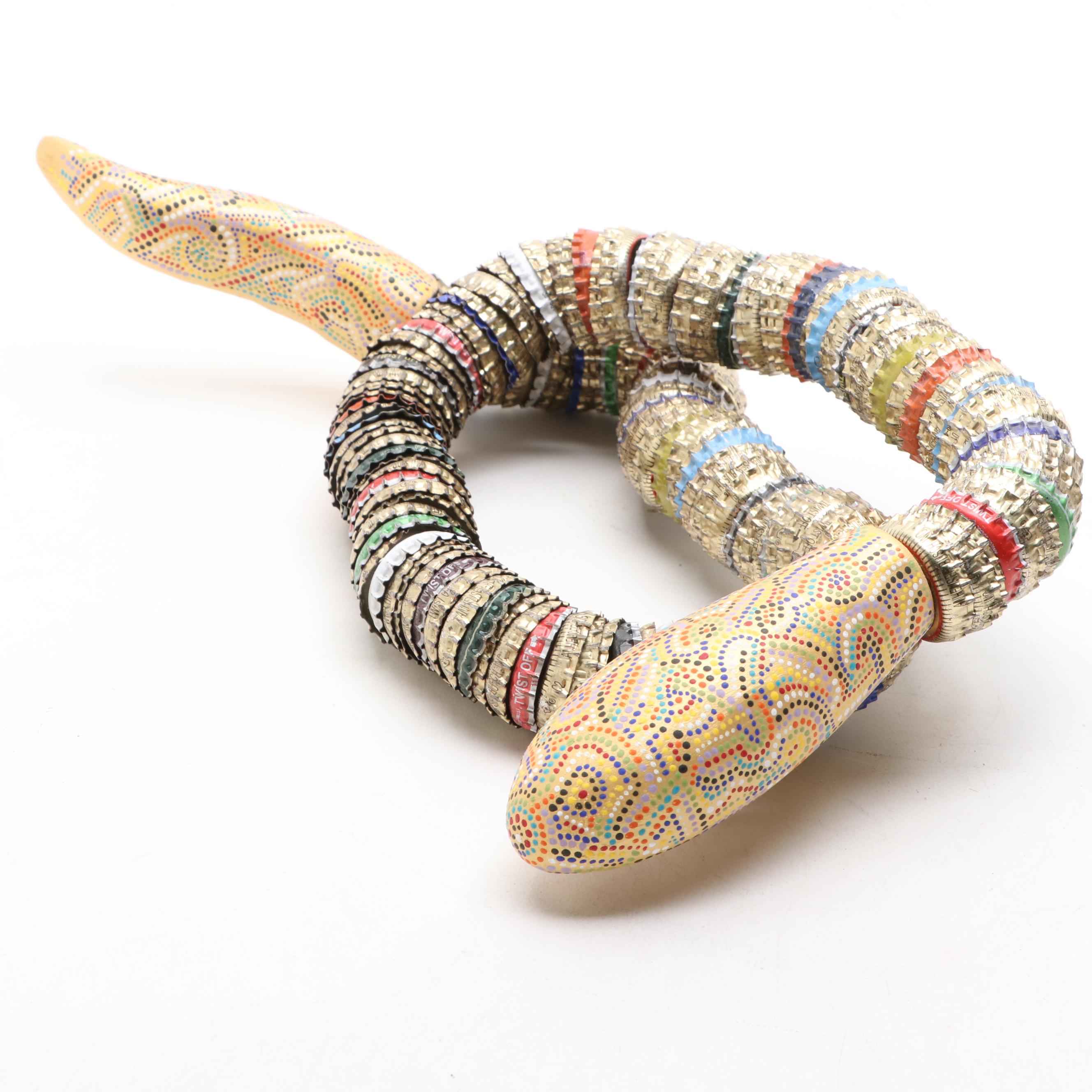 Folk Art Style Carved Wood and Metal Bottle Cap Snake Sculptures