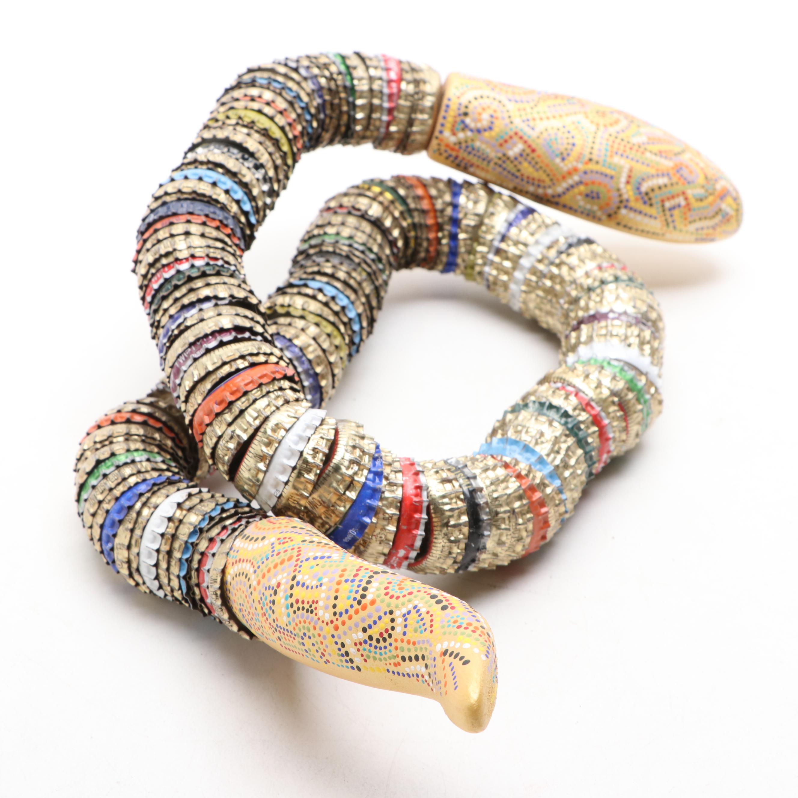 Folk Art Style Carved Wood and Metal Bottle Cap Snake Sculptures