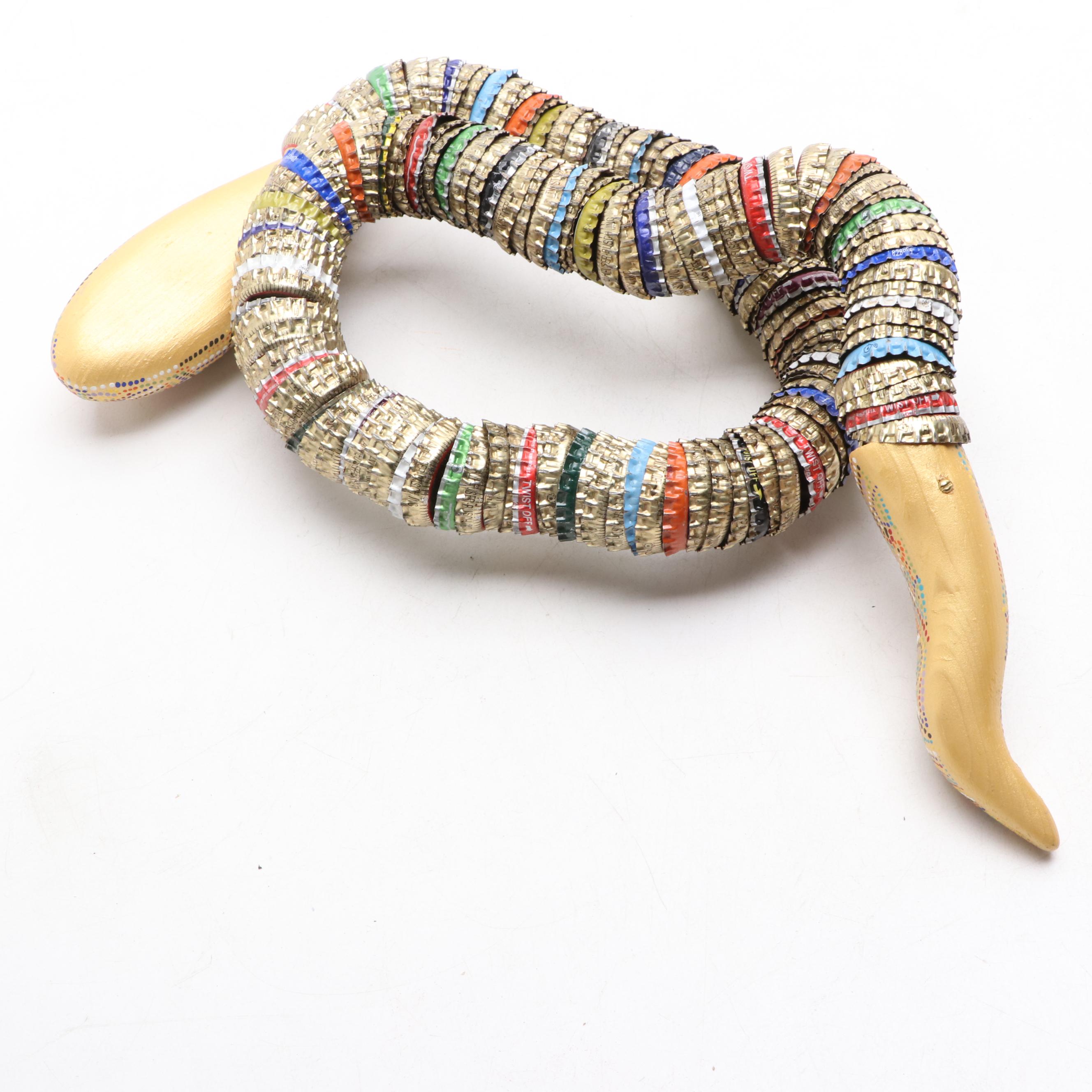 Folk Art Style Carved Wood and Metal Bottle Cap Snake Sculptures
