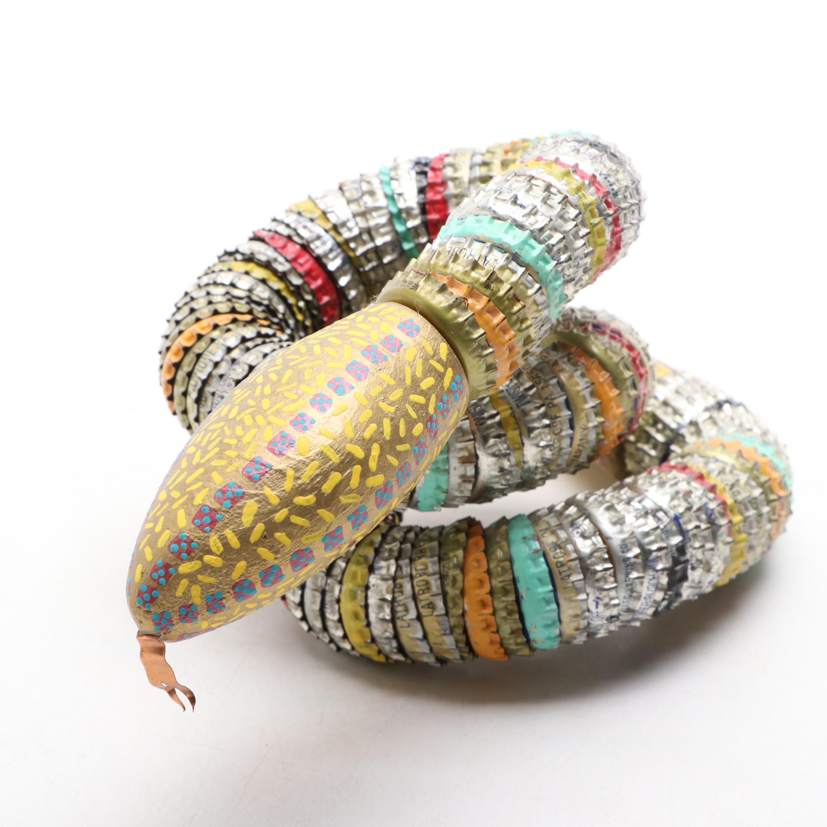Folk Art Style Carved Wood and Metal Bottle Cap Snake Sculptures