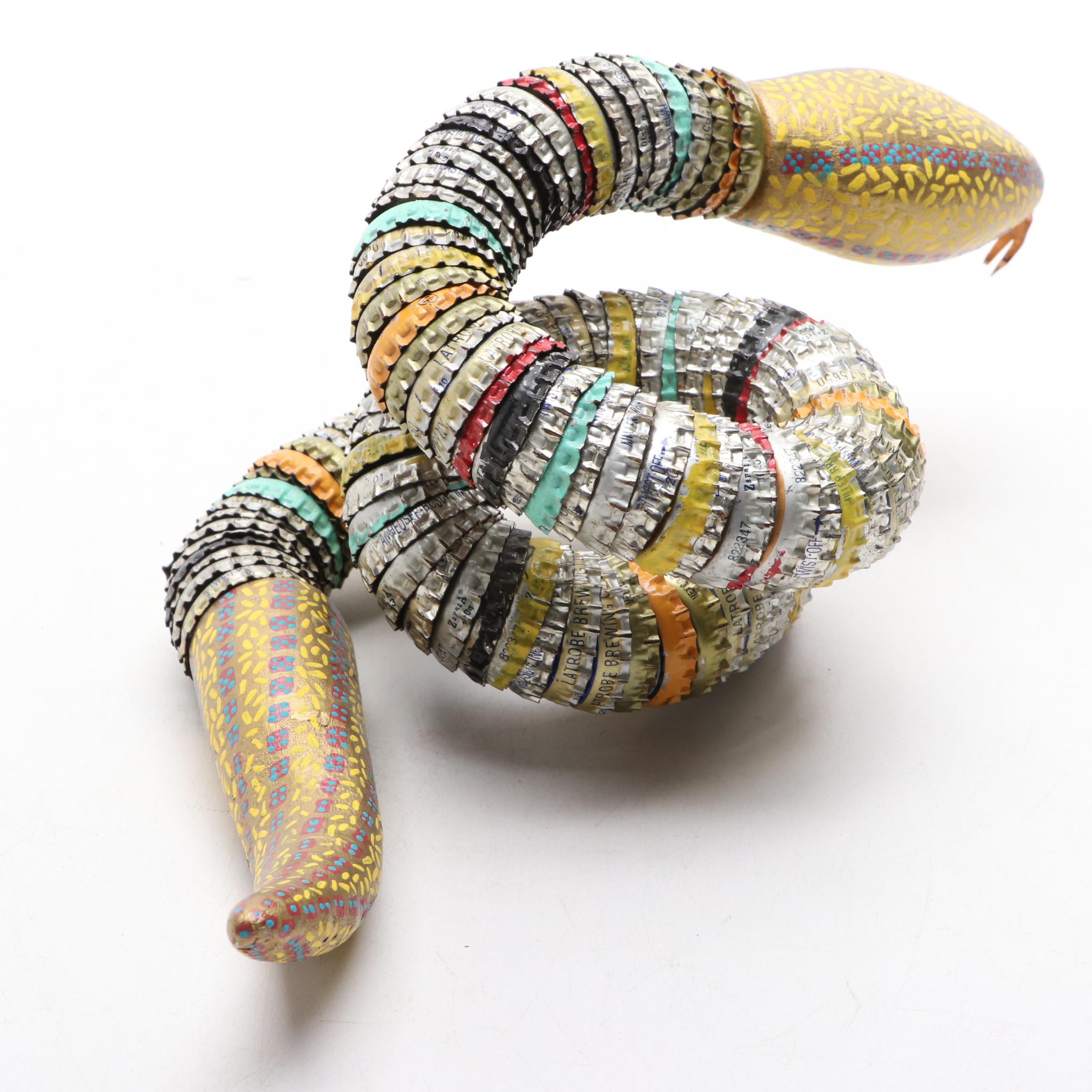 Folk Art Style Carved Wood and Metal Bottle Cap Snake Sculptures