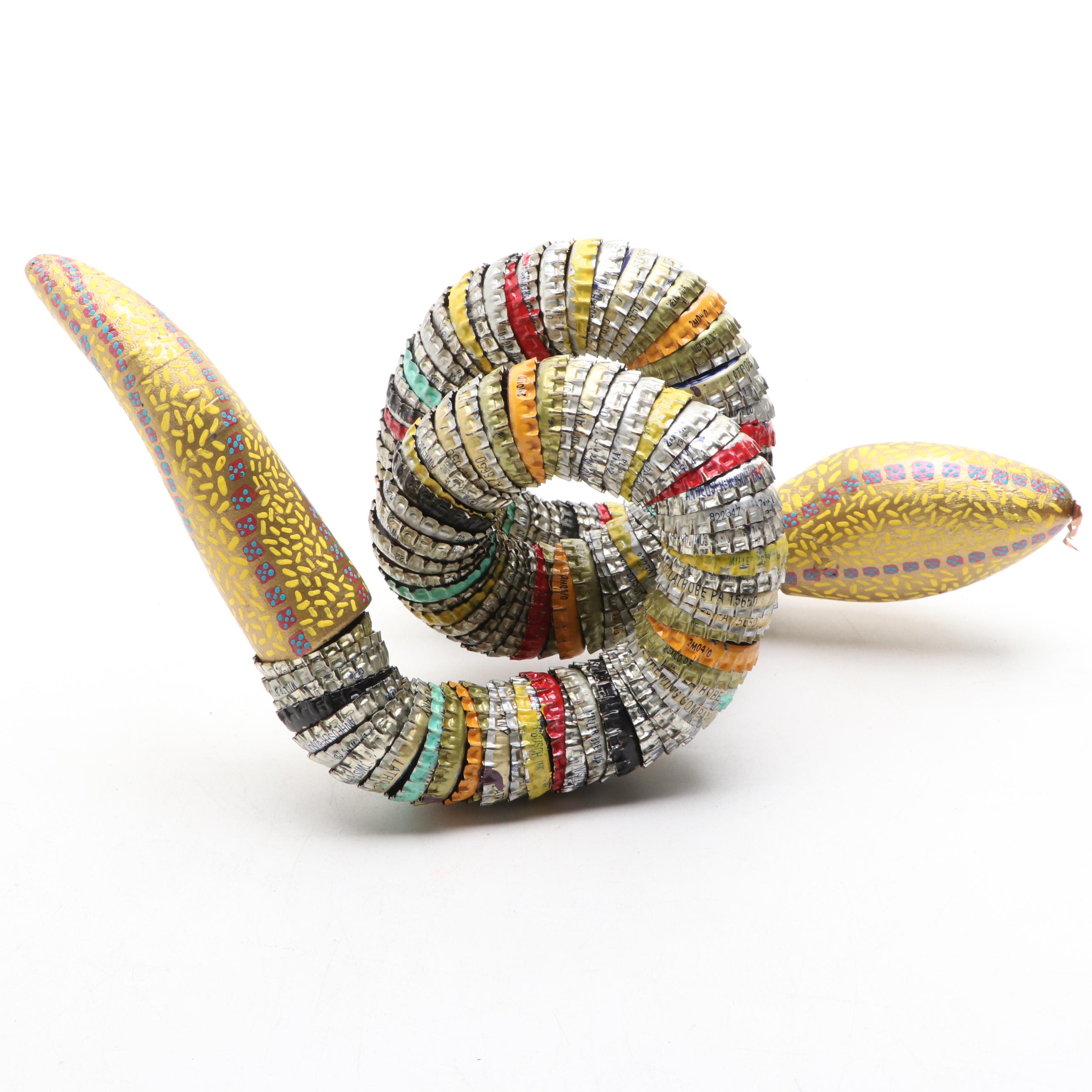 Folk Art Style Carved Wood and Metal Bottle Cap Snake Sculptures