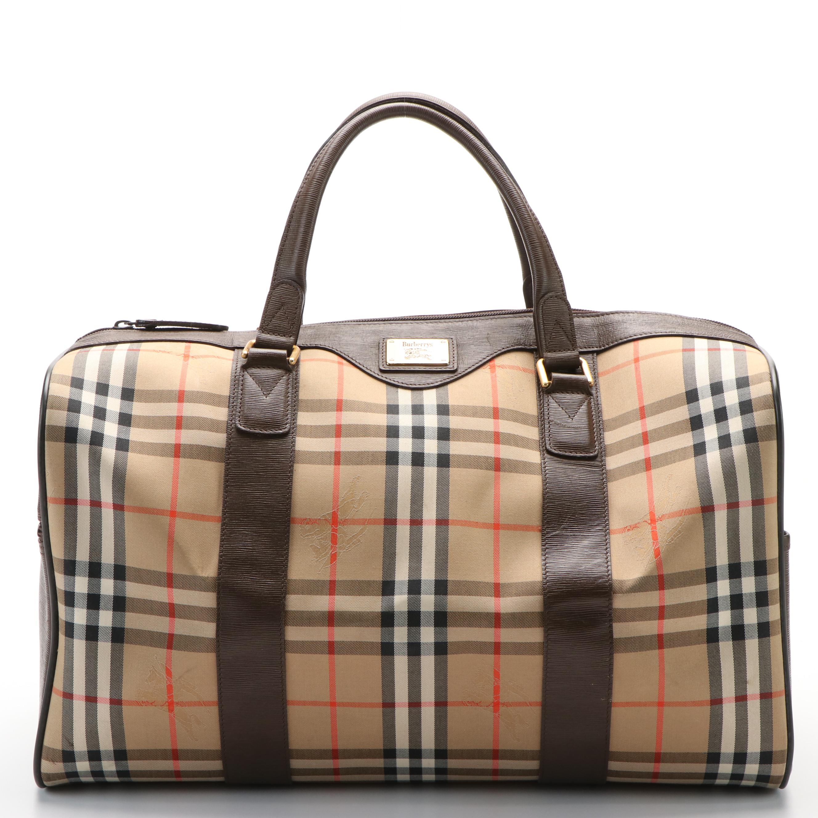 Burberry Boston Bag in Haymarket Check Canvas with Brown Leather Trim