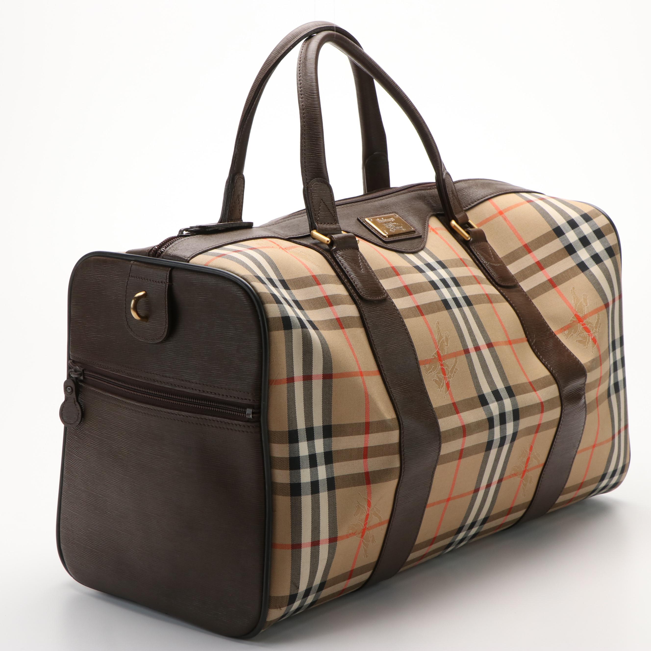 Burberry Boston Bag in Haymarket Check Canvas with Brown Leather Trim
