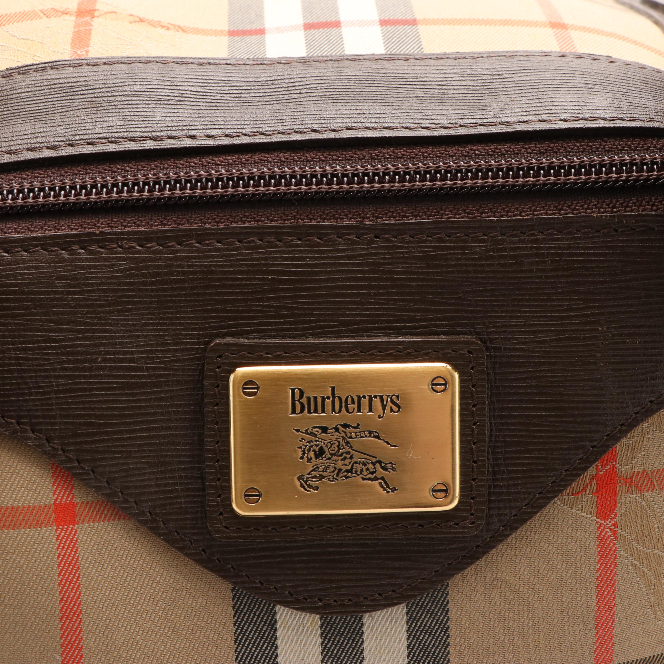 Burberry Boston Bag in Haymarket Check Canvas with Brown Leather Trim