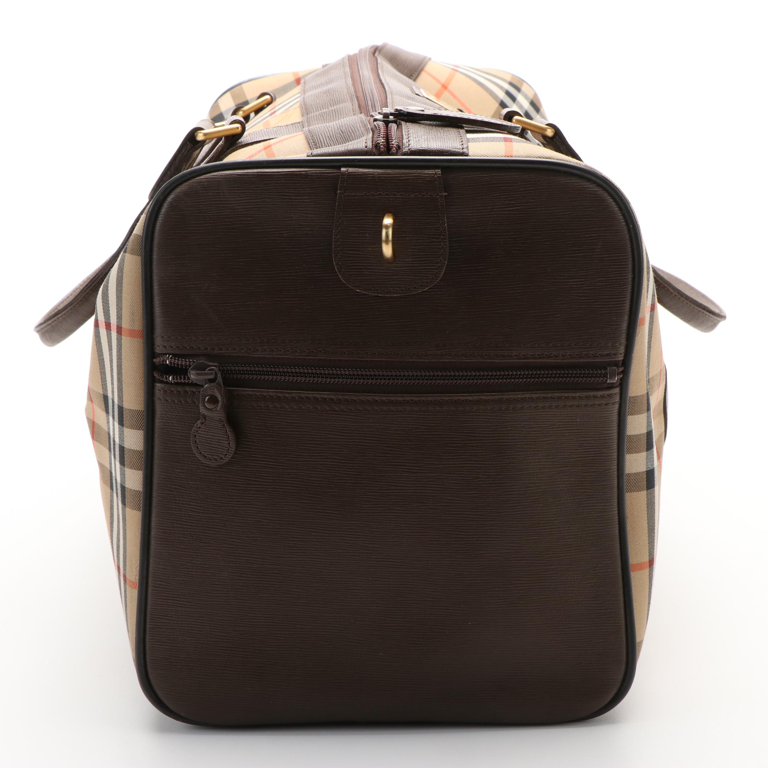 Burberry Boston Bag in Haymarket Check Canvas with Brown Leather Trim