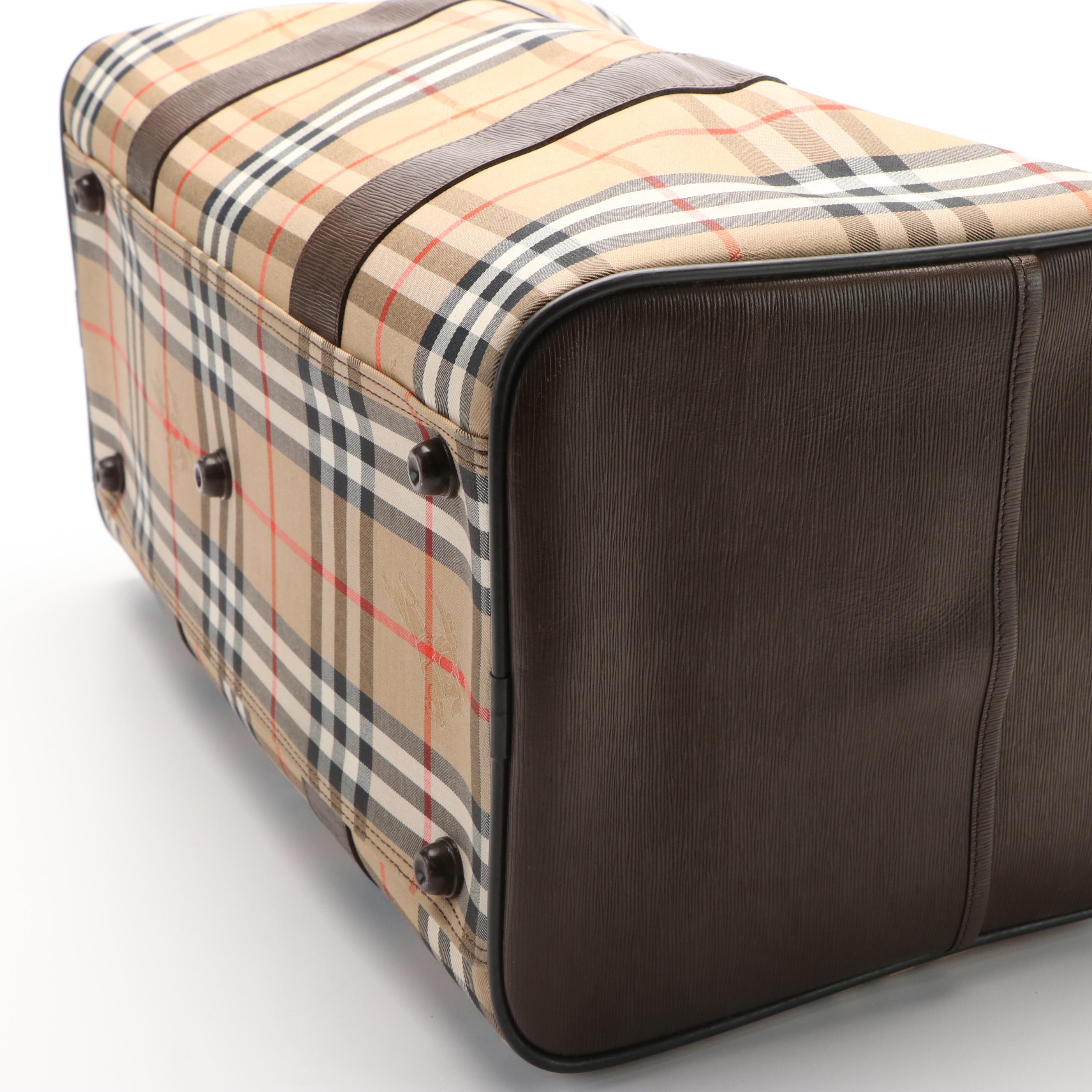 Burberry Boston Bag in Haymarket Check Canvas with Brown Leather Trim