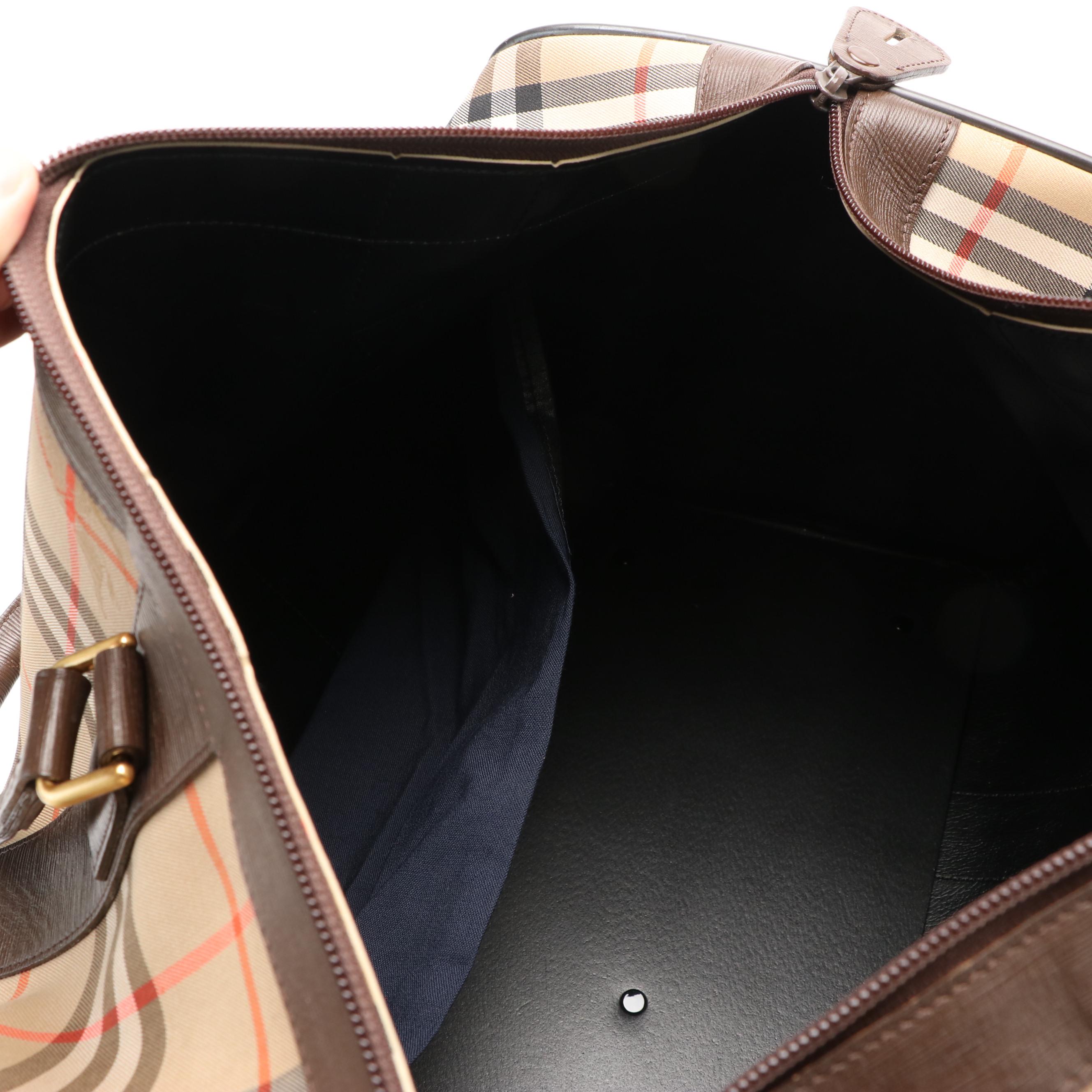 Burberry Boston Bag in Haymarket Check Canvas with Brown Leather Trim